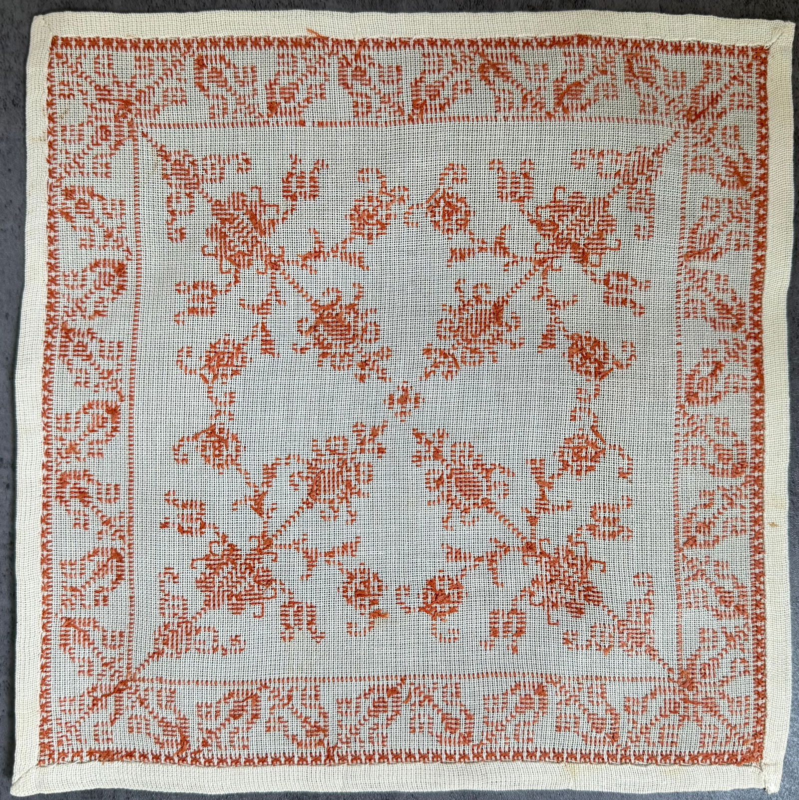 Vintage Hand Embroidered Linen Textile Panel with Floral Folk Motif - 2