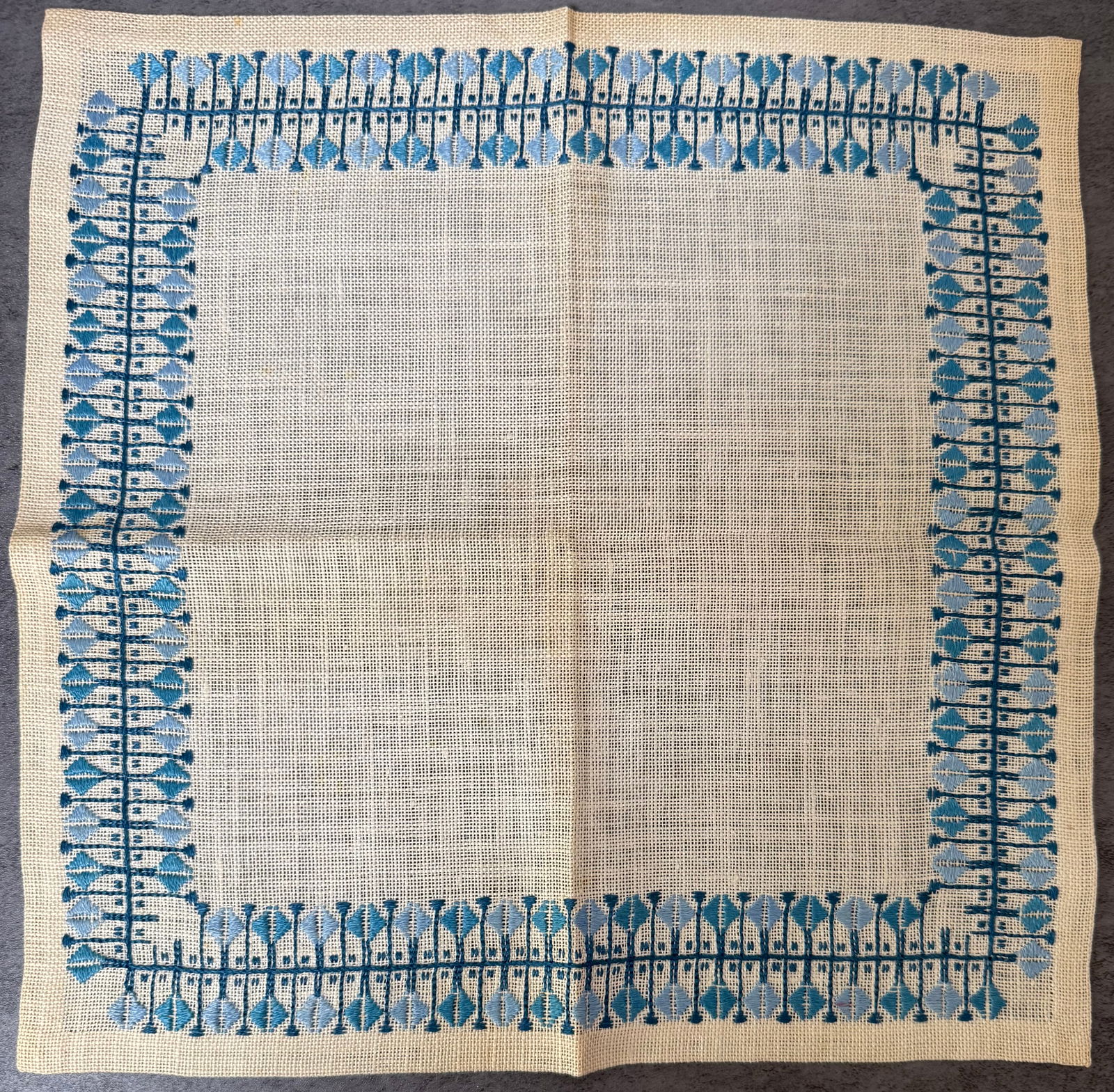 Vintage Hand Embroidered Linen Openwork Table Mat with Blue Border - 2
