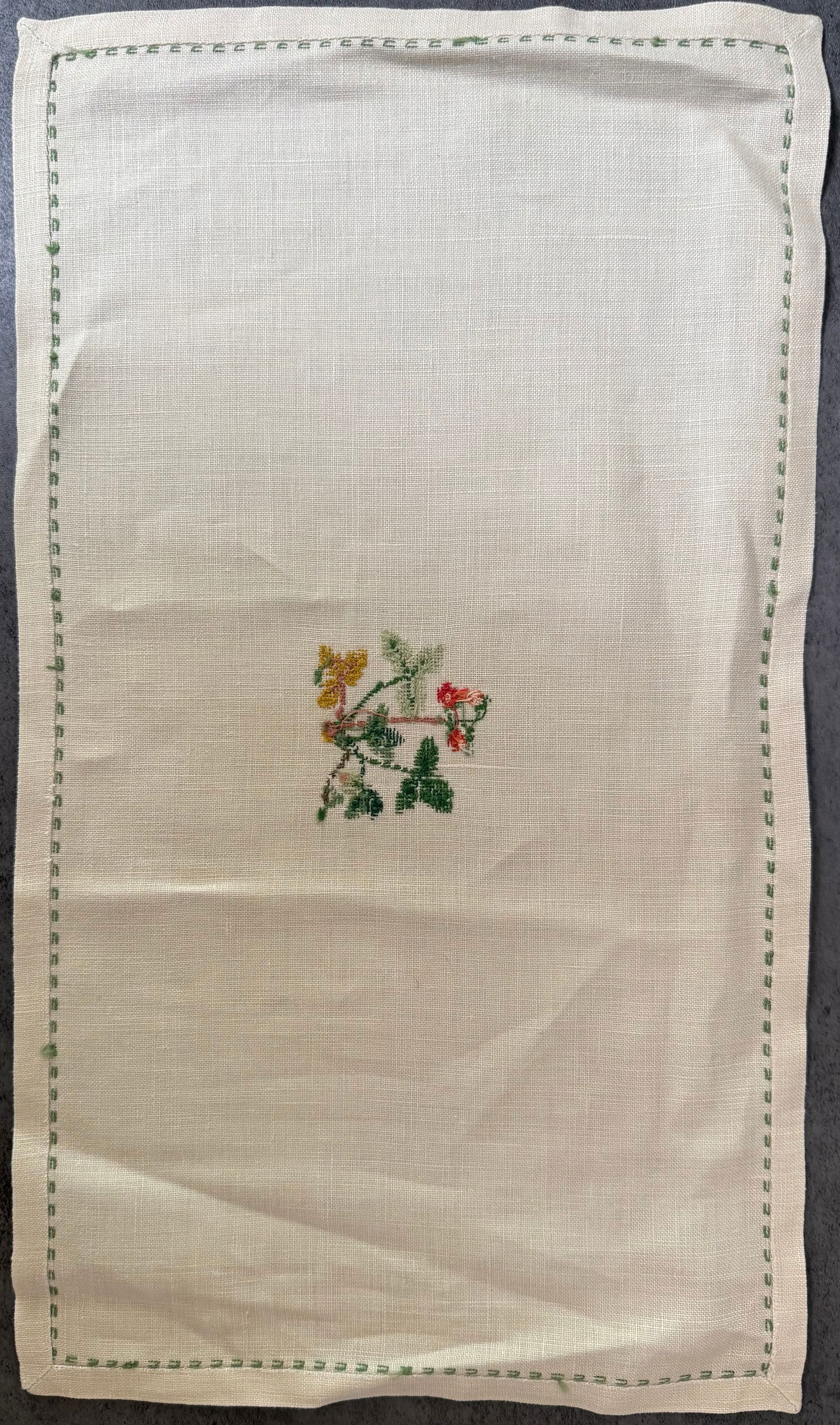 Vintage Hand Embroidered Linen Table Mat with Floral Motif, 17 x 9 in - 2
