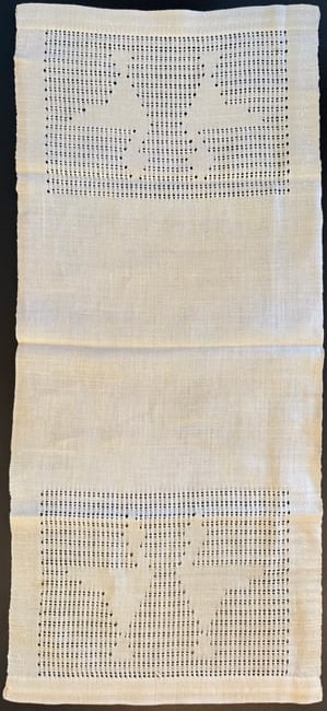 Vintage European Filet Embroidered Linen Table Runner with Dove Motif, 28 x 12 in: Vintage European linen table runner featuring filet embroidery panels depicting stylized dove motifs. The design is created through withdrawn-thread gridwork filled with embroidered patterns, a techni