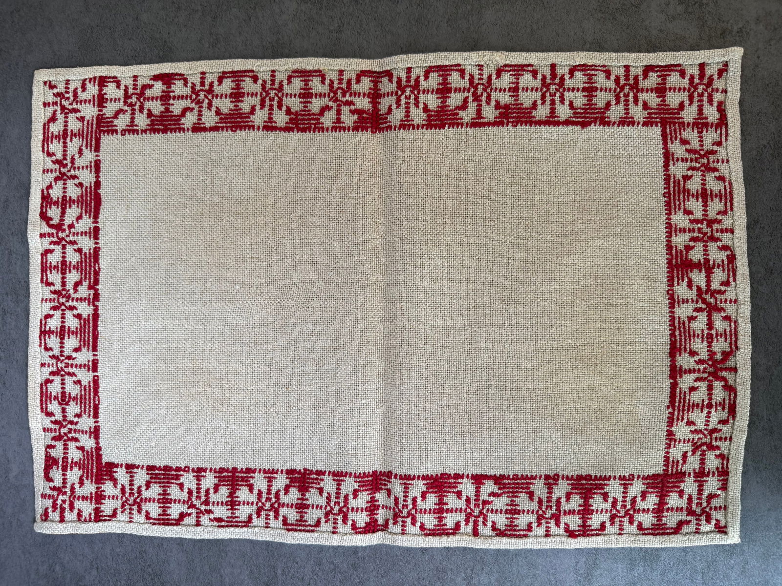 Vintage Eastern European Hand-Embroidered Linen Placemat, Red Floral Border, 19 x 12 in - 2