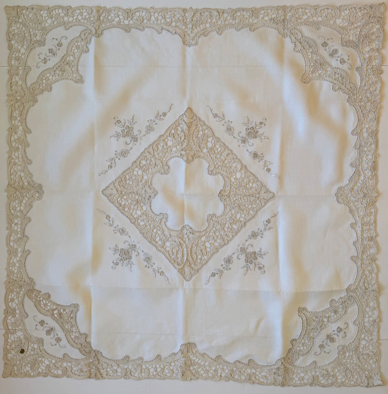 Vintage Hand Embroidered Linen Tablecloth with Needle Lace Inserts, 34 x 34 in - 2