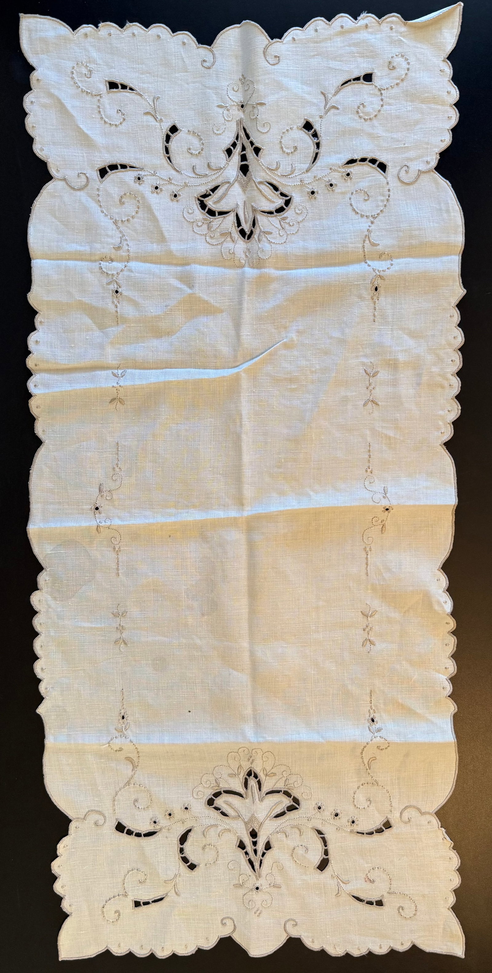 Vintage Hand Embroidered Linen Table Runner with Cutwork, 32 x 15 in (1 of 3)