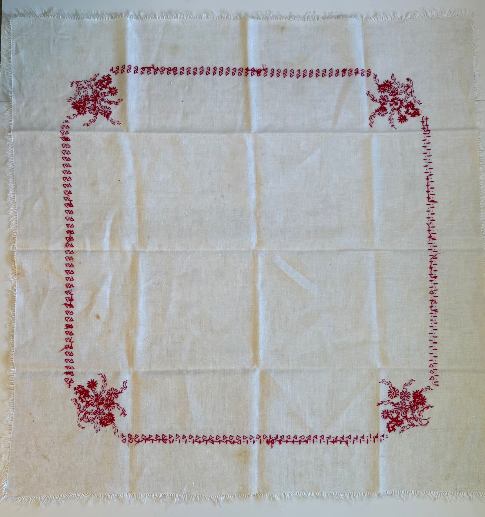 Vintage Hand Embroidered Linen Tablecloth with Red Floral Border, 35 x 35 in - 2