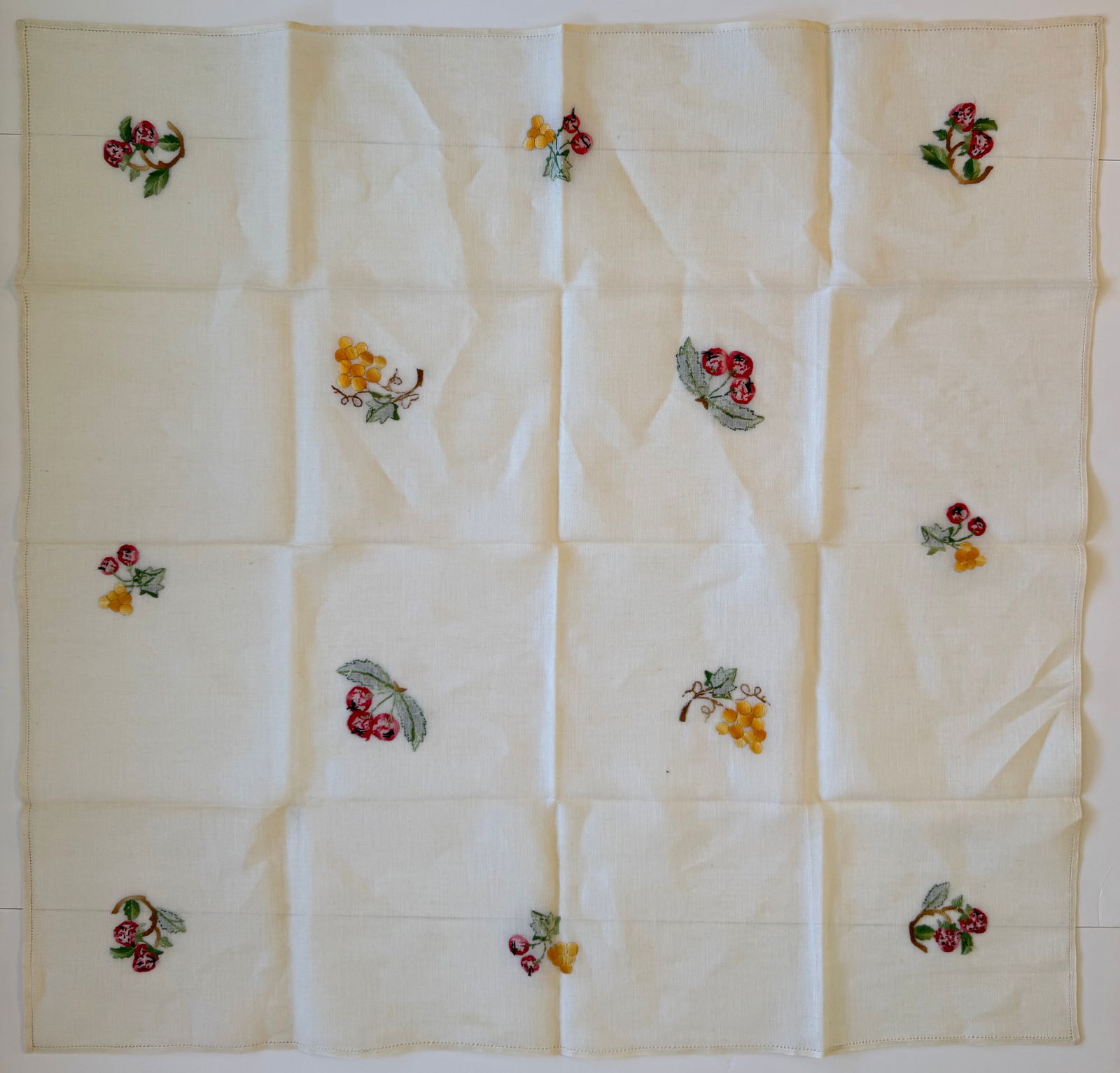 Vintage Hand Embroidered Linen Tablecloth with Fruit Motifs, 32 x 33 in - 2