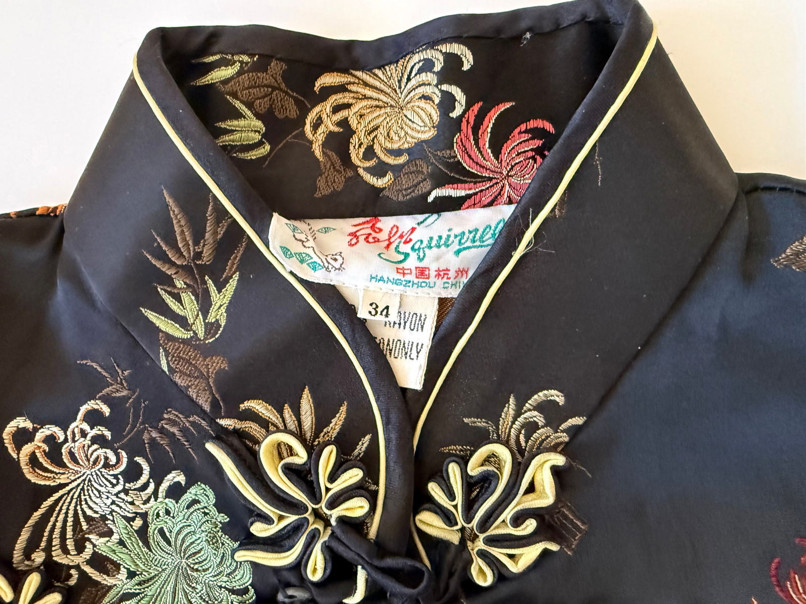 Vintage Chinese Black Rayon Embroidered Cheongsam Qipao Style Blouse, Hangzhou - 3