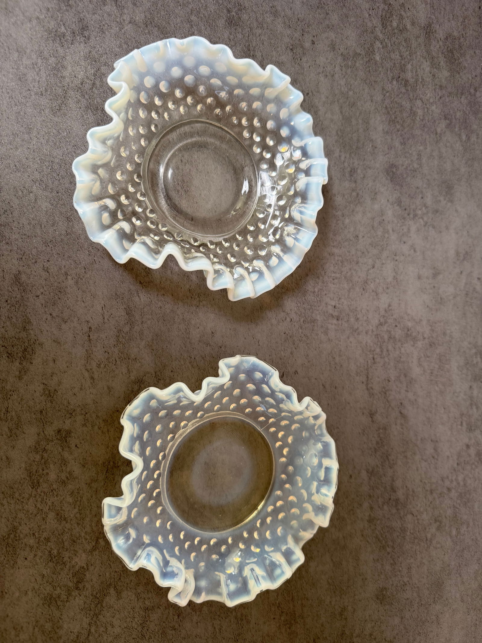 Pair of Hobnail Opalescent Glass Ruffled Bowls - 2