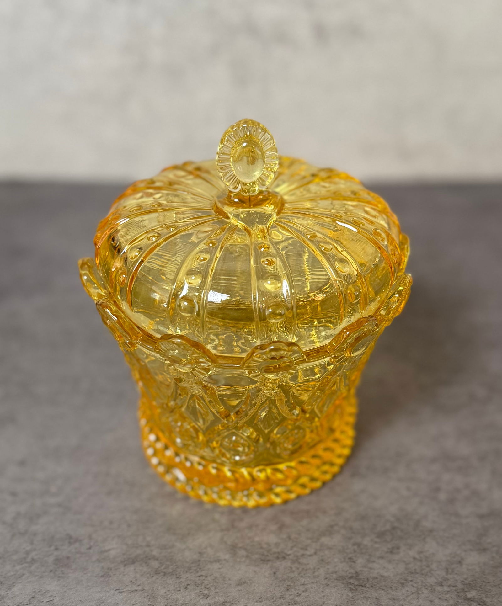 Amber Pressed Glass Covered Candy Dish - 2