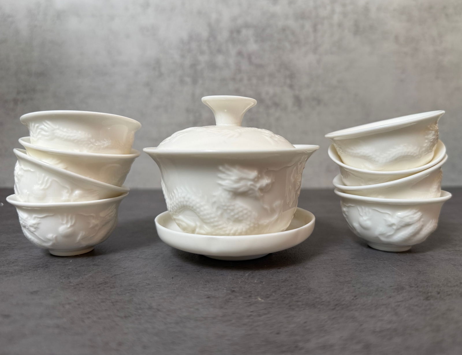 Chinese White Porcelain Dragon Tea Set with Gaiwan and Cups (1 of 2)