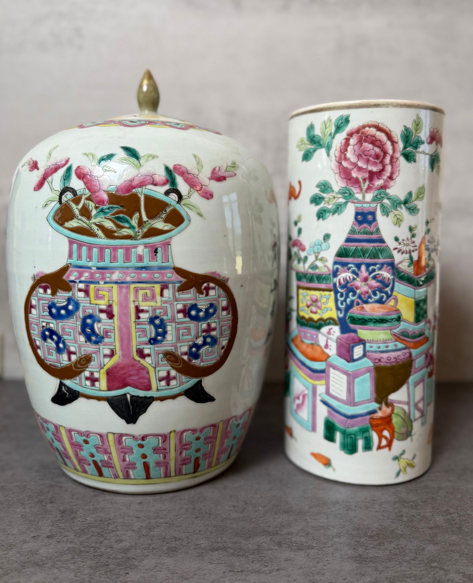 Two Chinese Famille Rose Porcelain Vessels Including Ginger Jar and Brush Pot (1 of 6)