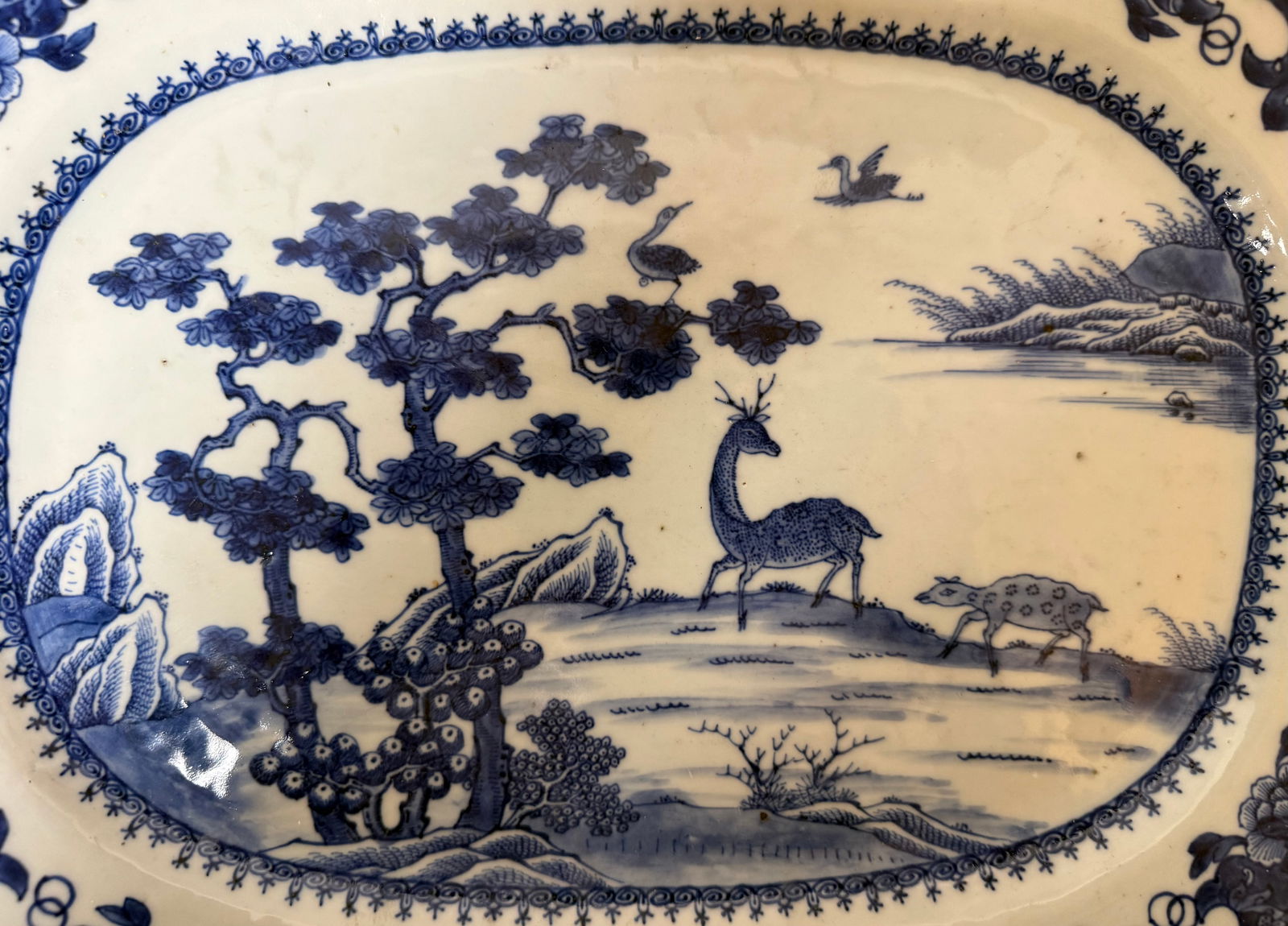 Chinese Export Blue & White Deer Landscape Platter - 4