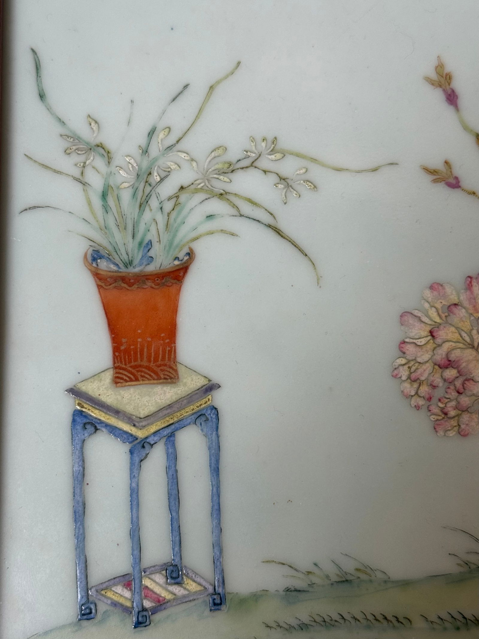 Chinese Late Qing Famille Rose Porcelain Plaque with Peonies, Bamboo and Scholar’s Rock, Framed - 3