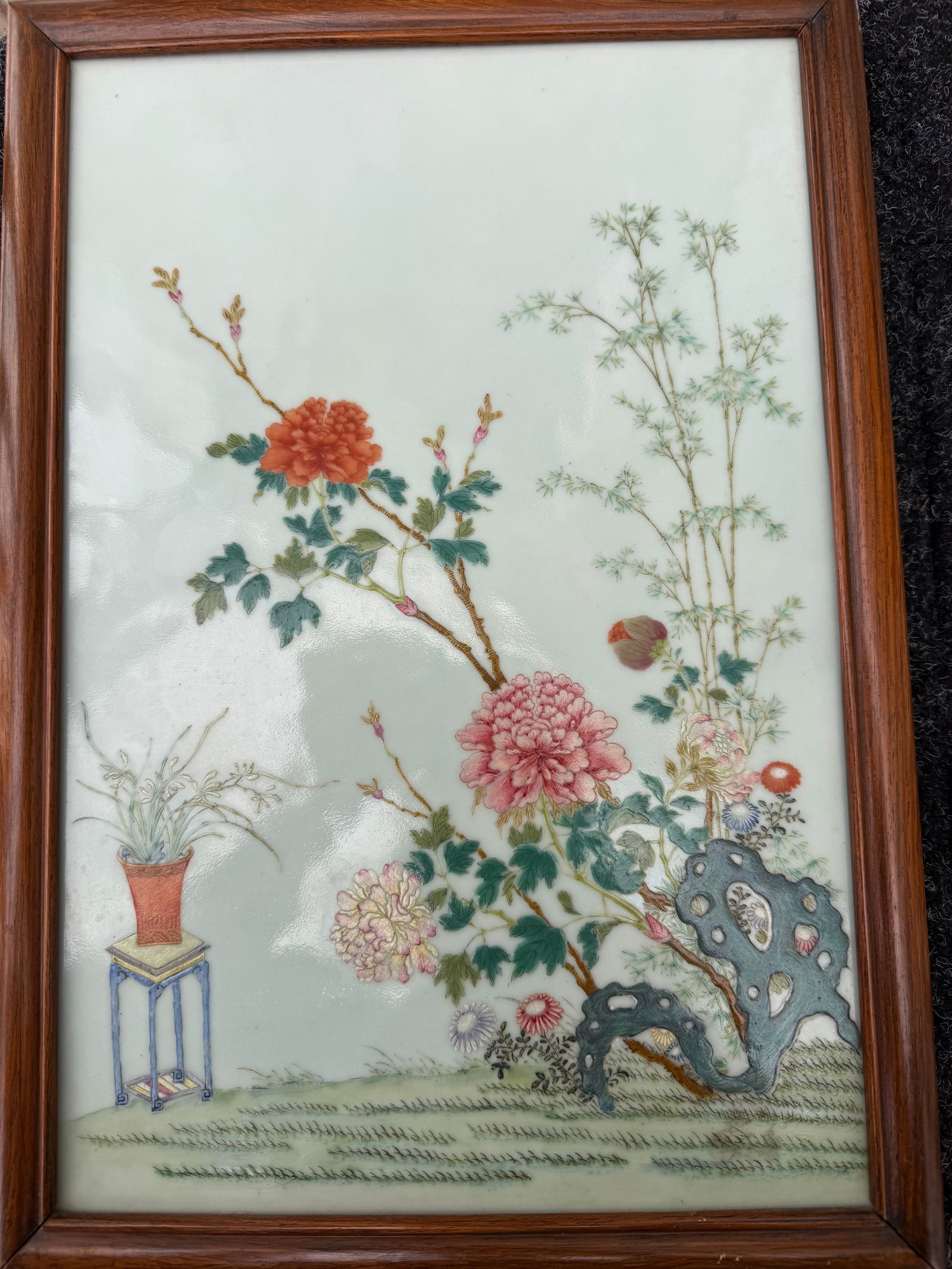 Chinese Late Qing Famille Rose Porcelain Plaque with Peonies, Bamboo and Scholar’s Rock, Framed - 7