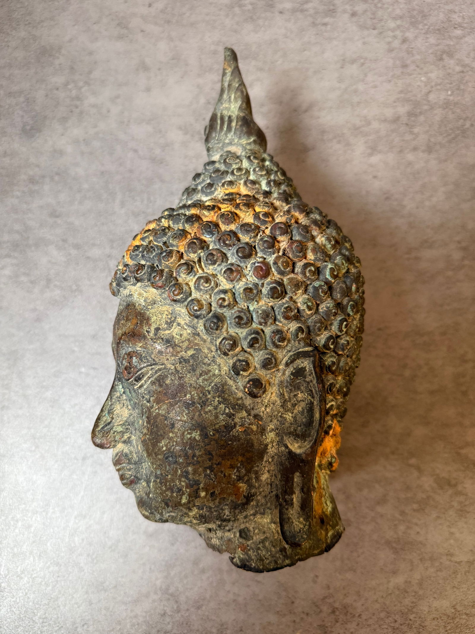 Antique Asian Bronze Buddha Head, Thai Sukhothai Style - 2