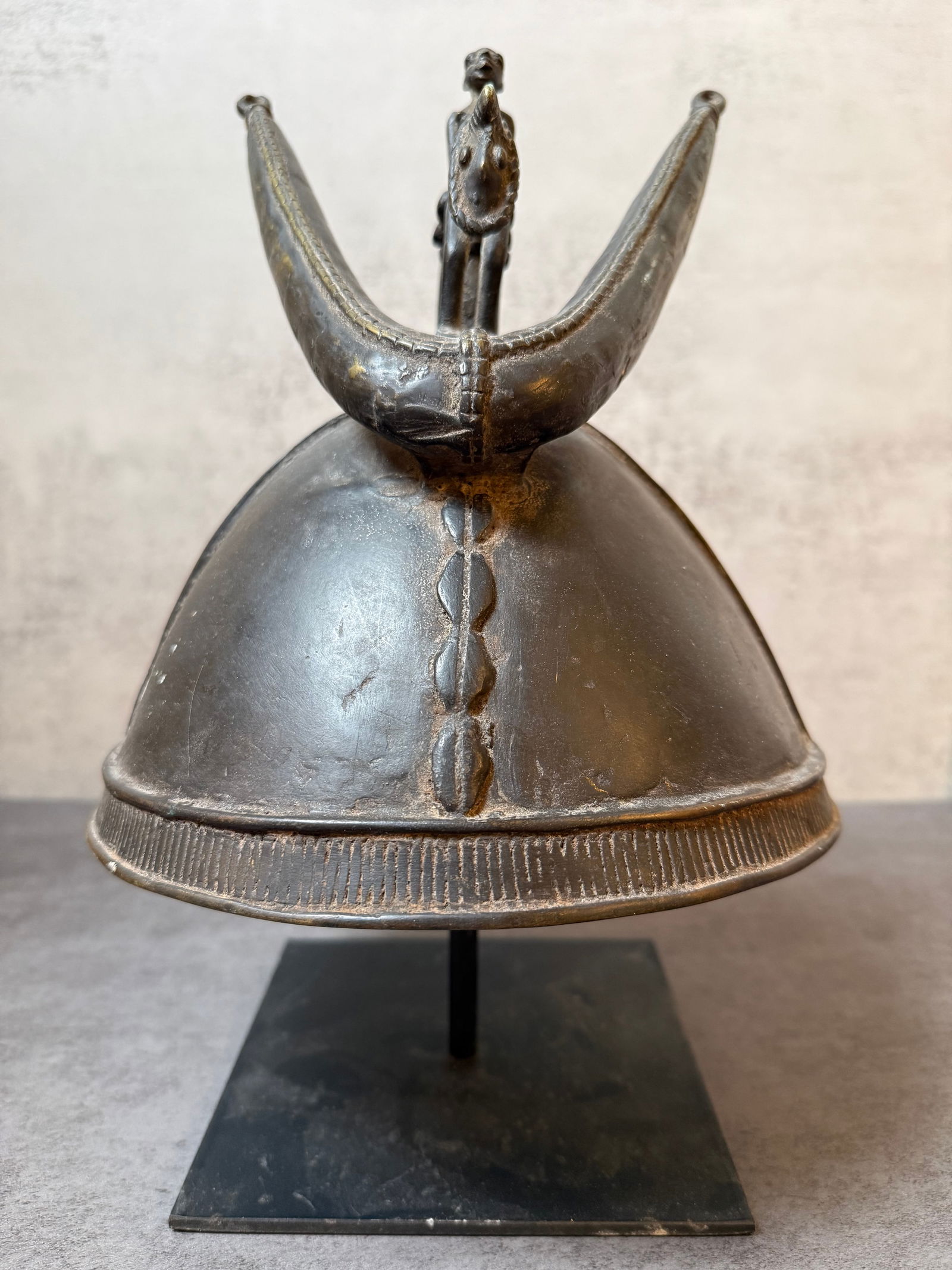 Antique African Tribal Metal Horned Helmet Headdress with Animal Figure, Mounted on Stand (1 of 3)