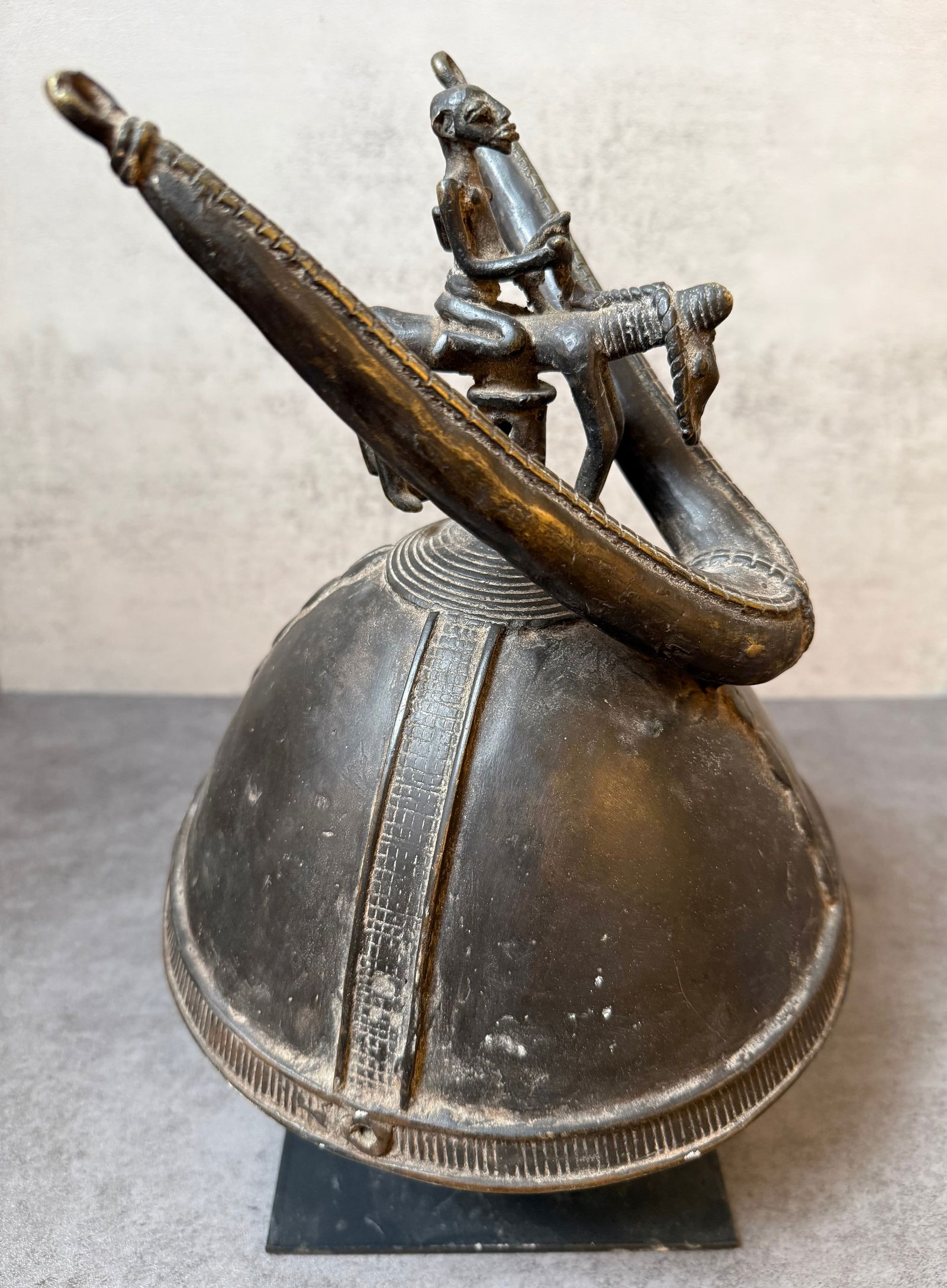 Antique African Tribal Metal Horned Helmet Headdress with Animal Figure, Mounted on Stand - 2