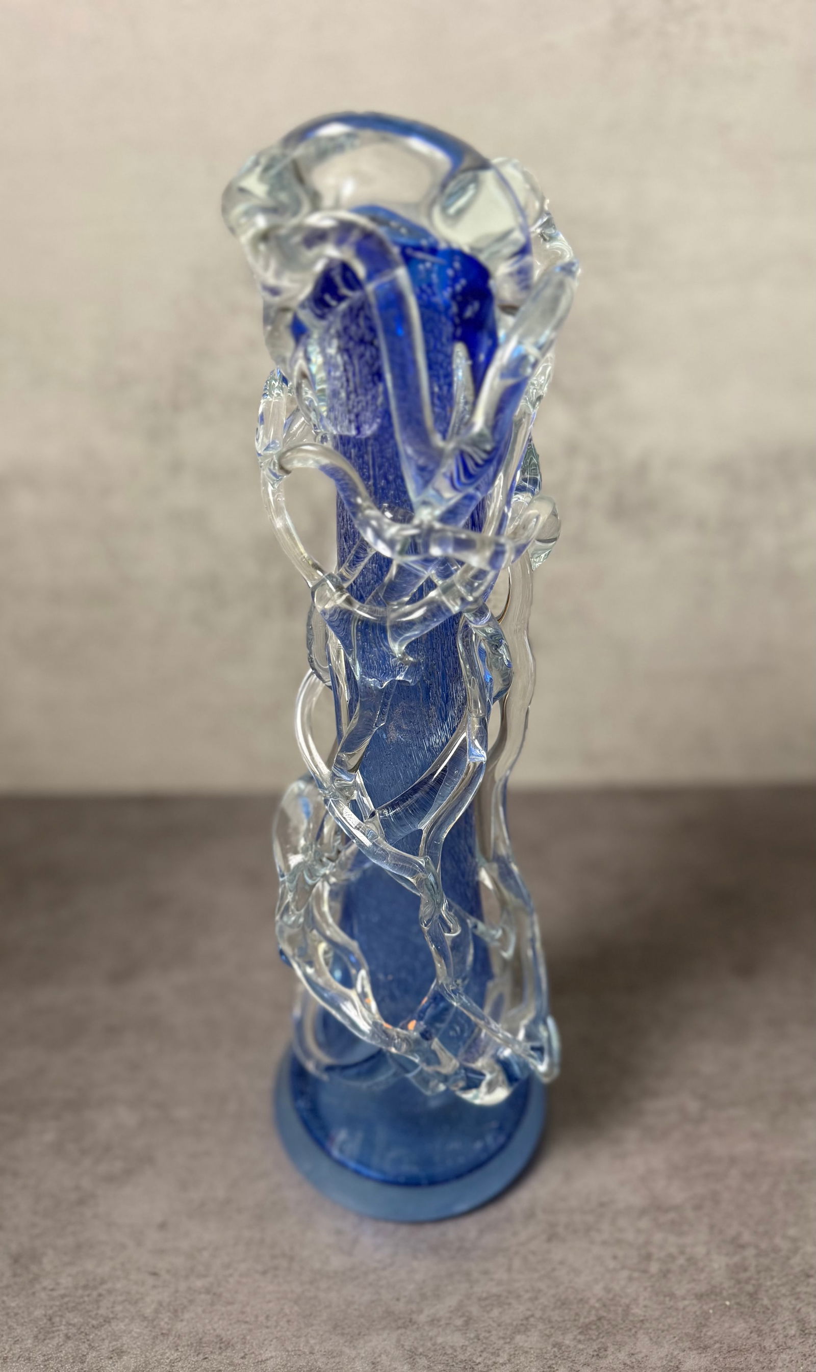 Blue Art Glass Vase with Applied Clear Glass Vine Decoration (1 of 4)