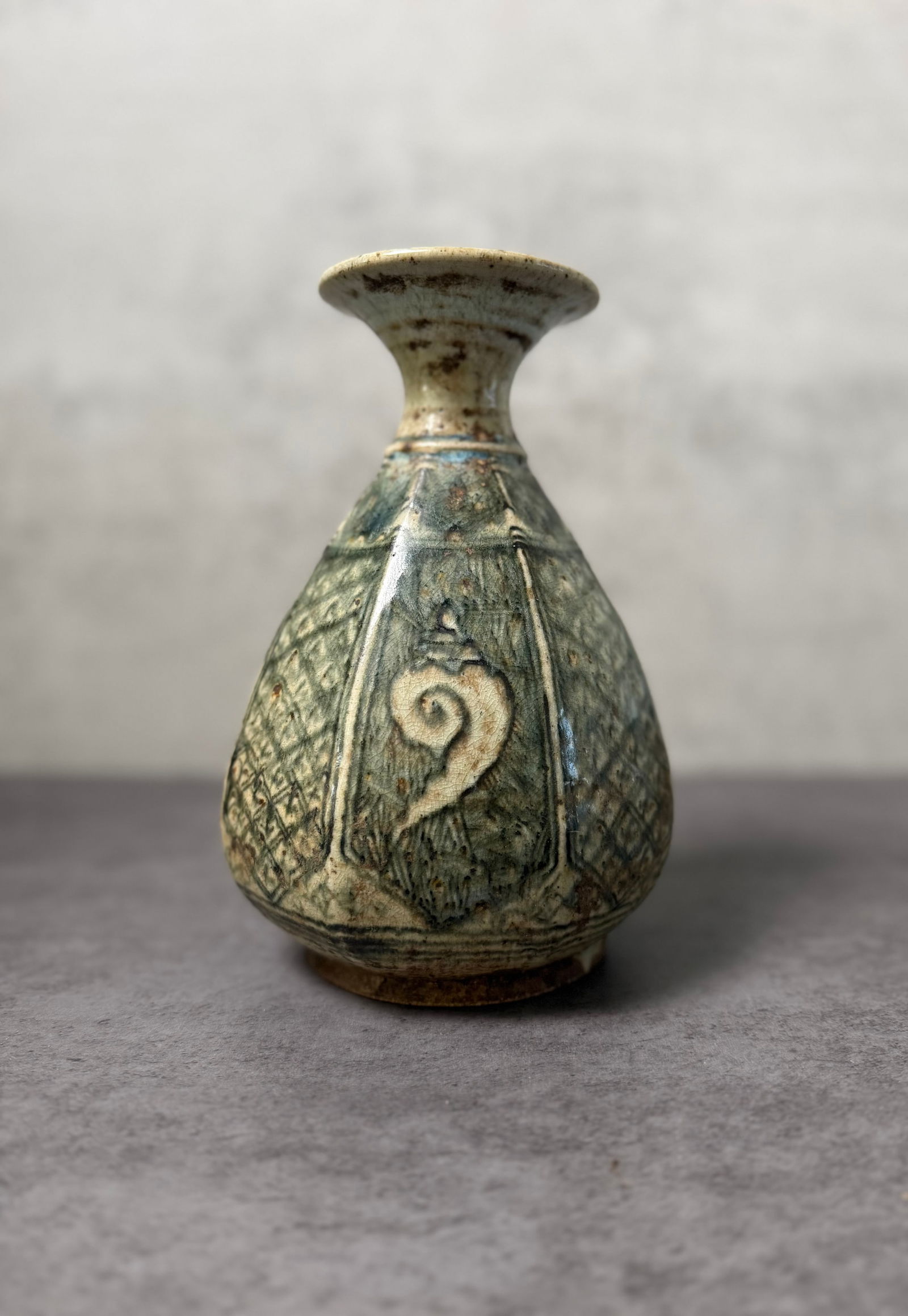 Asian Green Glazed Pottery Vase with Incised Decoration