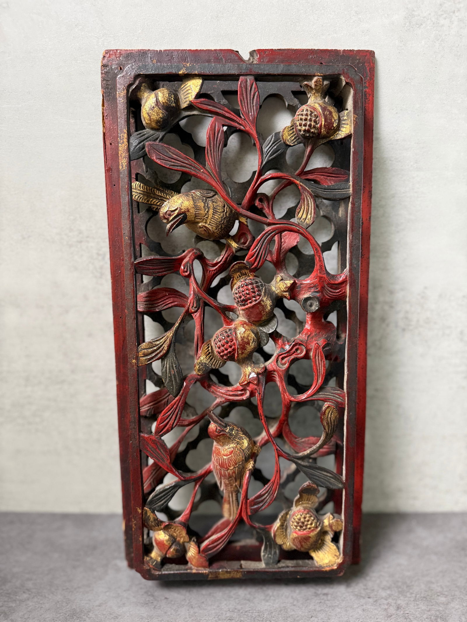 Fine Chinese Style Carved Red Lacquer Panel with Birds and Pomegranate Motif: Elegant Chinese-style carved decorative panel featuring finely sculpted birds perched among flowering branches and ripe pomegranates, symbols traditionally associated with prosperity, abundance, and
