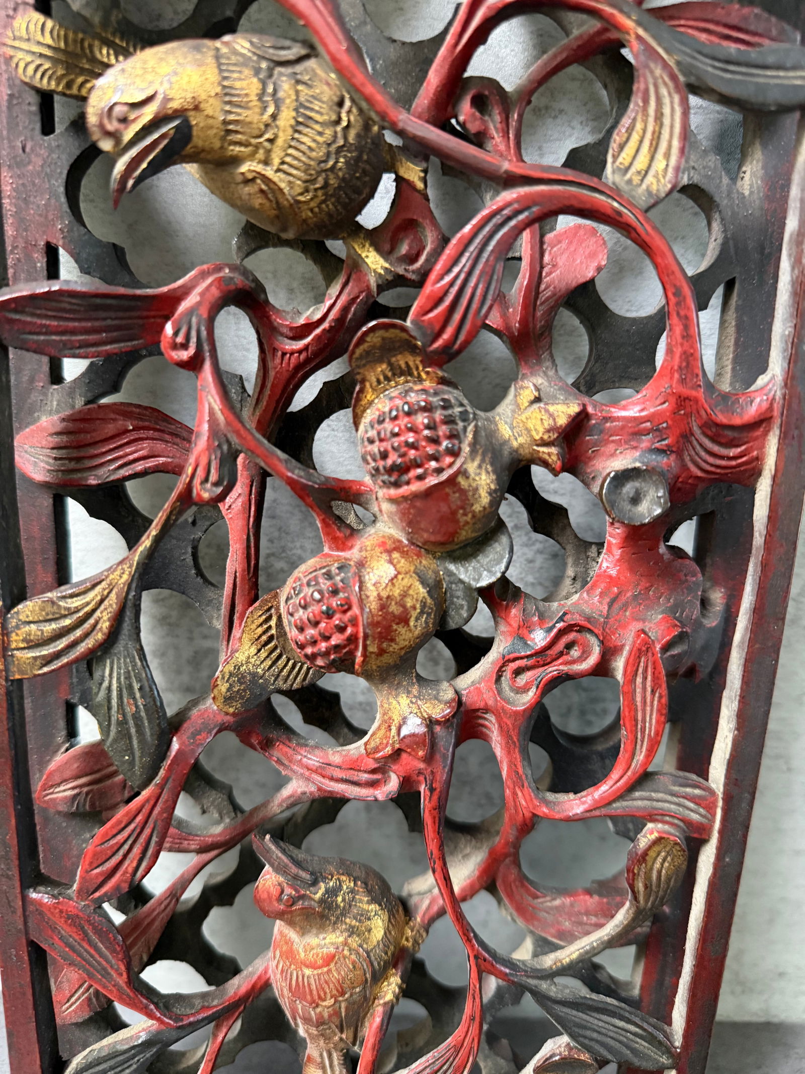 Fine Chinese Style Carved Red Lacquer Panel with Birds and Pomegranate Motif - 2