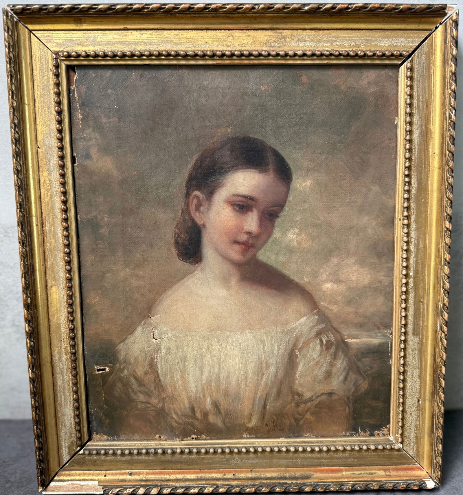 Antique 19th Century Oil on Canvas — "On the Verge of Tears,": Among the rarest finds in antique portraiture — a painting that stops you cold.A young woman stands at the edge of composure. Her gaze falls away from the viewer, her lips softly parted, her