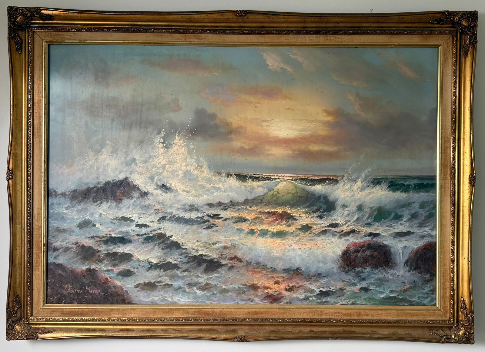 Large Original Oil on Canvas Stormy Seascape, Signed Leontief Meyer, Ornate Gilt Frame — Dramatic (1 of 2)