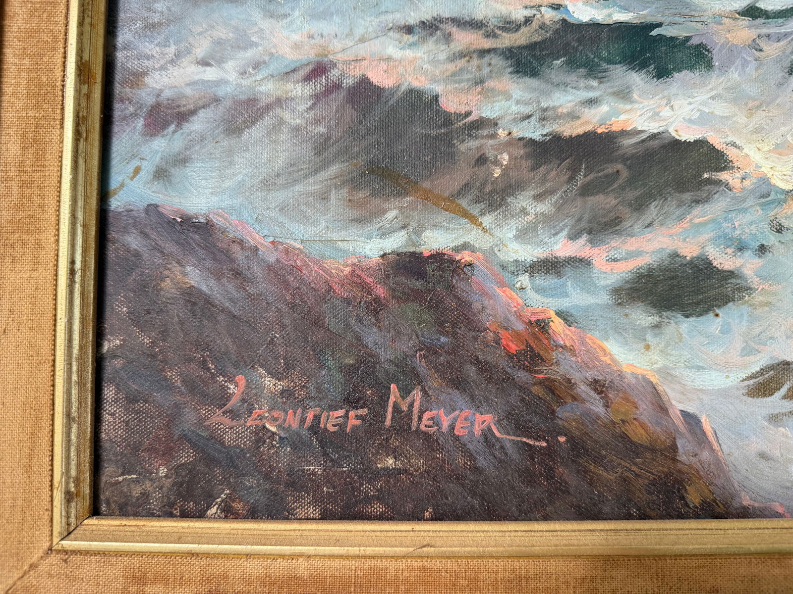 Large Original Oil on Canvas Stormy Seascape, Signed Leontief Meyer, Ornate Gilt Frame — Dramatic - 2