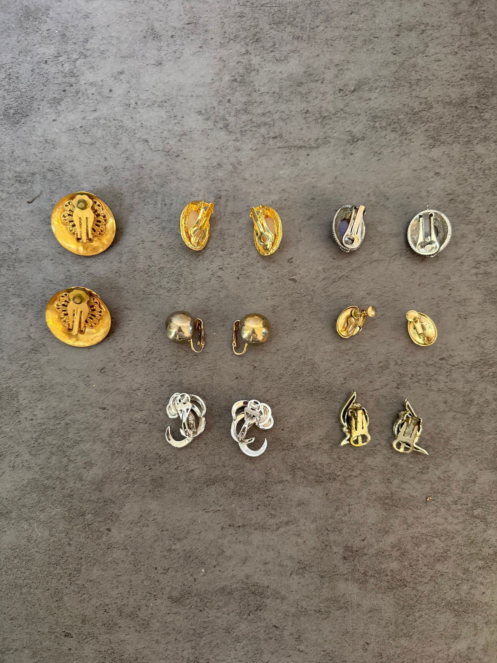 Lot of 7 Pairs Vintage Clip-On Earrings — Faux Pearl, Jet Black, Tiger's Eye, Marcasite-Style, - 2