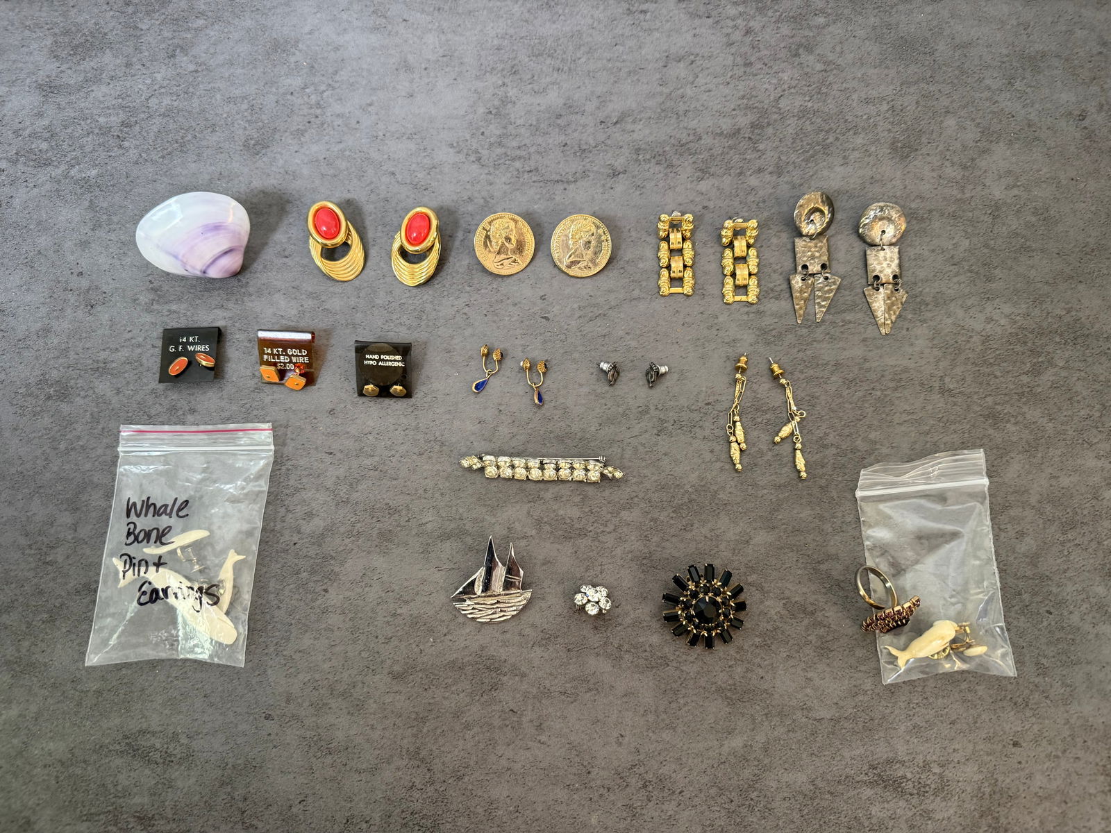 Large Mixed Lot Vintage Costume Jewelry — 14KT Gold-Filled Earrings, Whalebone Pin Set, Rhinestone: A rich and varied collection of vintage costume jewelry and accessories, featuring approximately 20+ individual pieces and sets across earrings, brooches, bracelets, and novelty items. Notable for