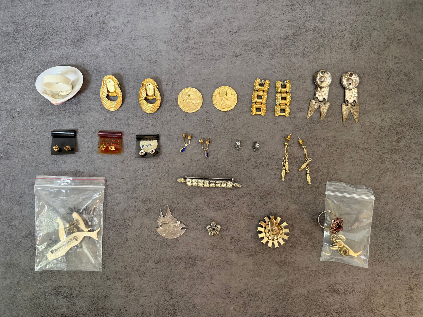 Large Mixed Lot Vintage Costume Jewelry — 14KT Gold-Filled Earrings, Whalebone Pin Set, Rhinestone - 2
