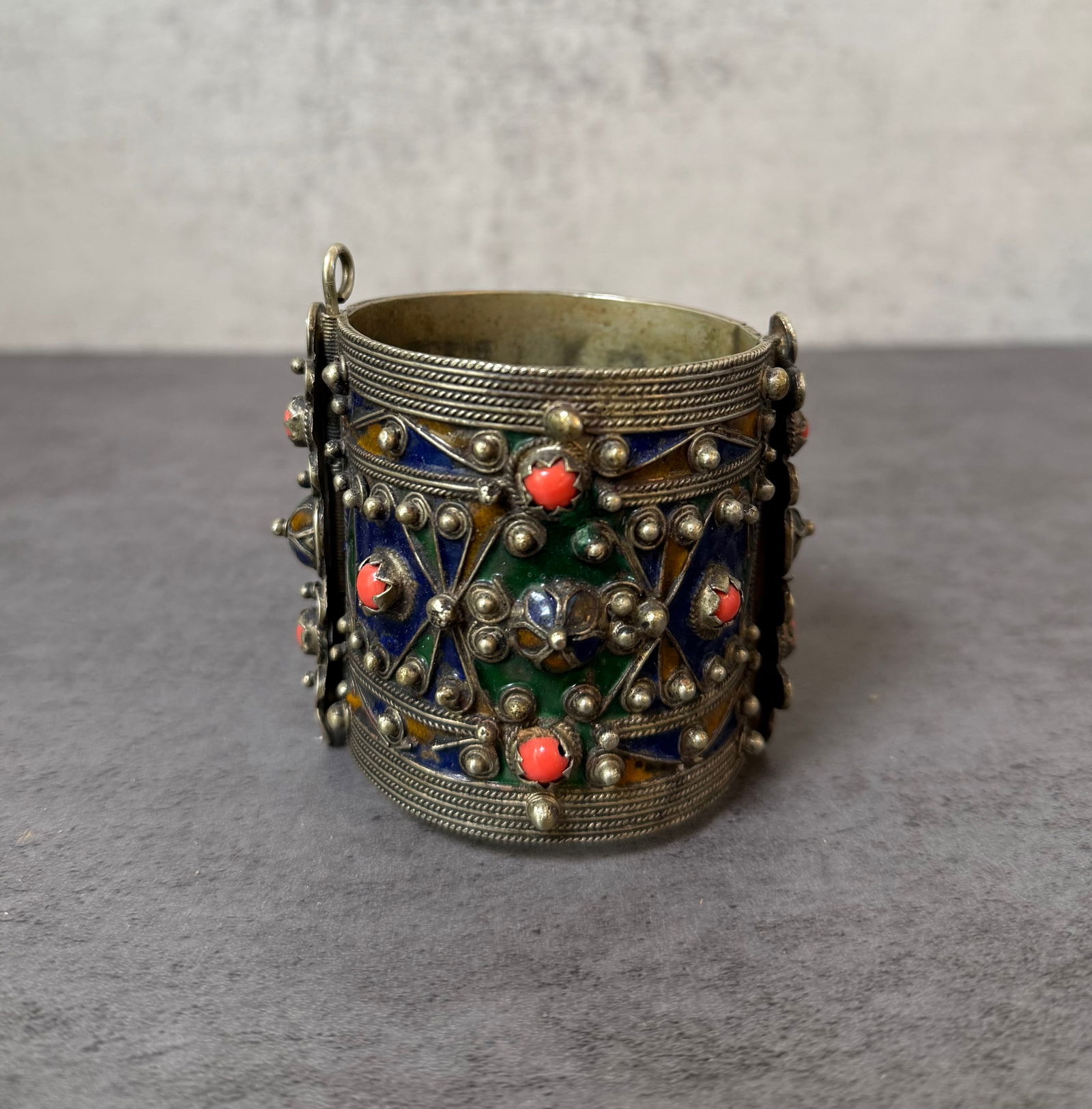 Antique North African Berber Kabyle Wide Cuff Bracelet: A magnificent and museum-worthy example of North African tribal jewelry — a substantial wide cuff bracelet of the type traditionally crafted by Kabyle Berber artisans of Algeria, dating to the late