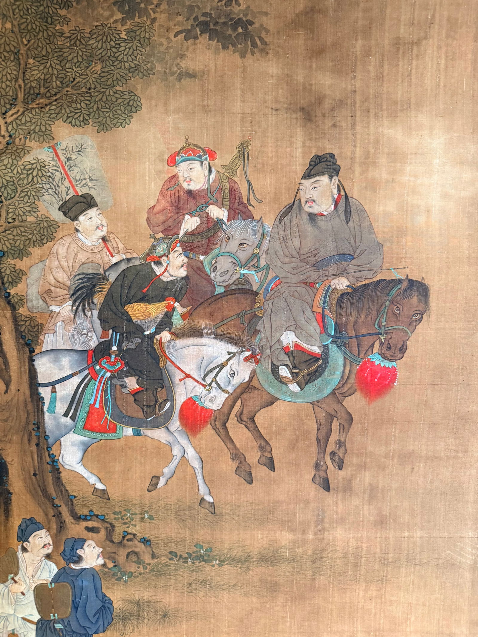 Antique Chinese Silk Scroll Painting, Figural Procession with Horses, Attendants and Rooster - 2