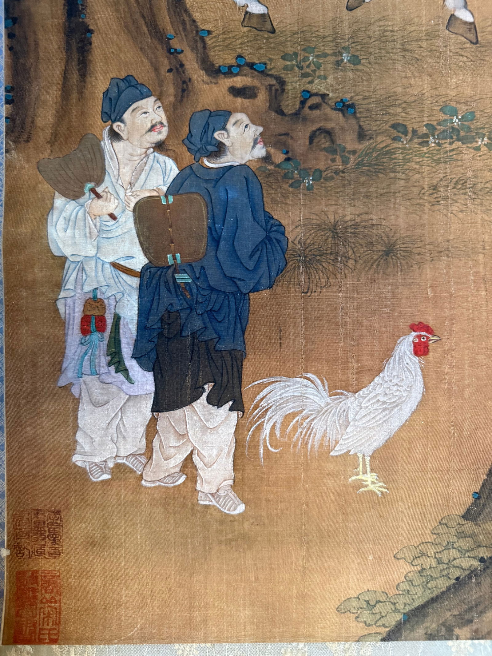 Antique Chinese Silk Scroll Painting, Figural Procession with Horses, Attendants and Rooster - 3