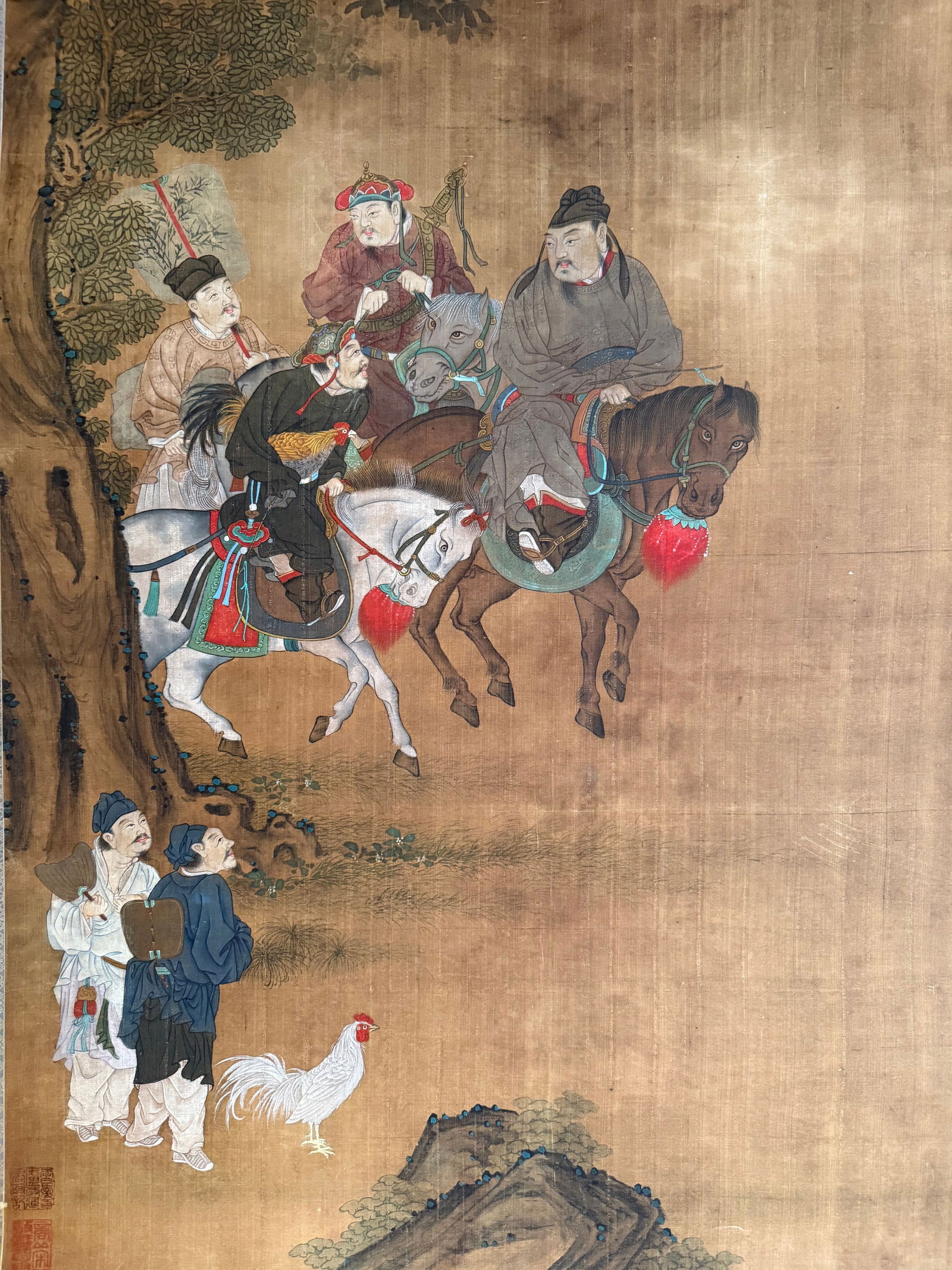 Antique Chinese Silk Scroll Painting, Figural Procession with Horses, Attendants and Rooster - 5