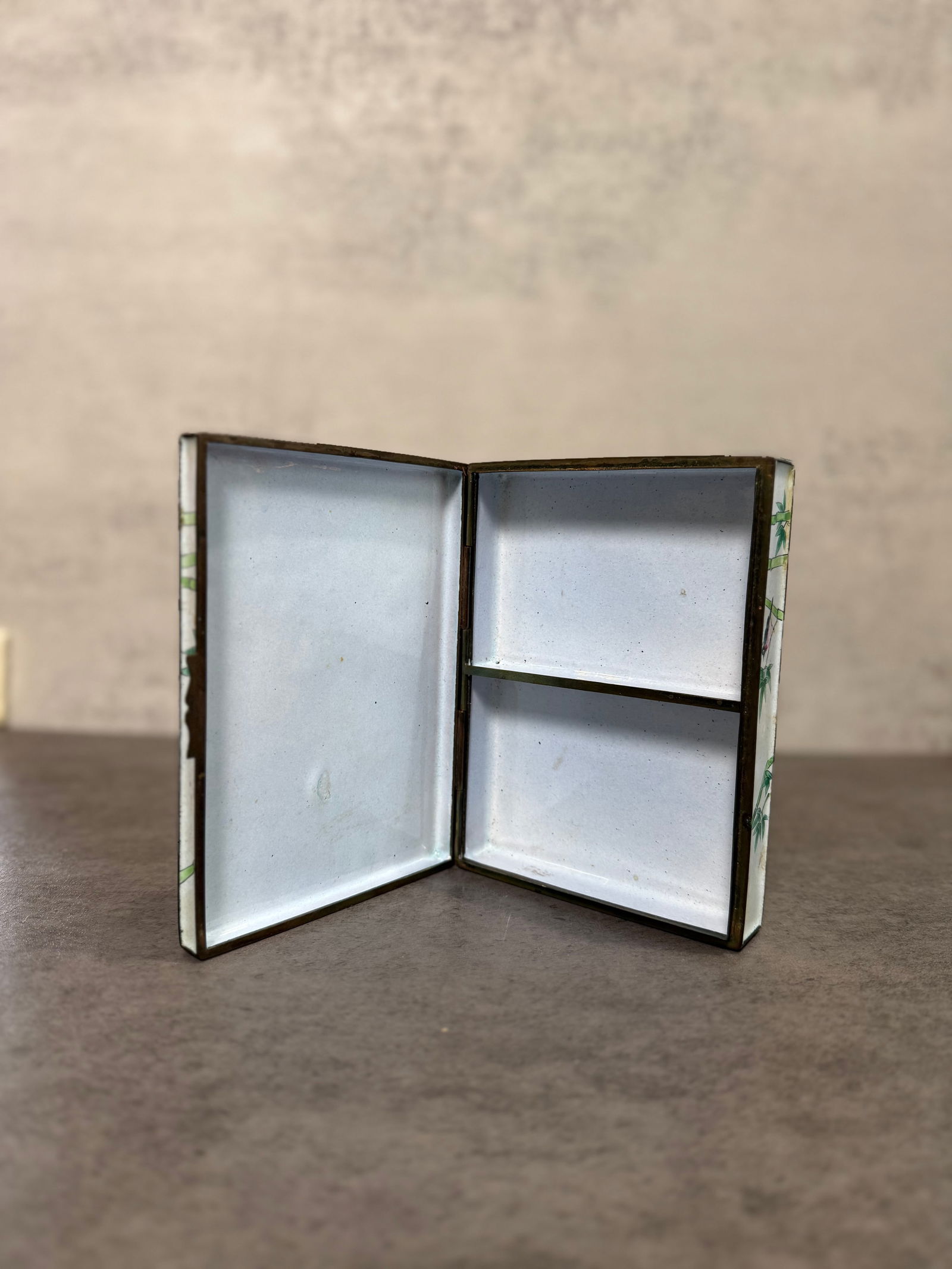 Antique Chinese Canton Enamel Box, Horses Under Willow, Bird and Bamboo - 2