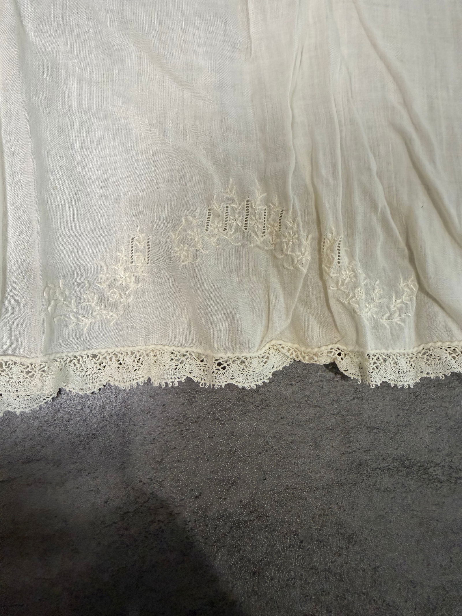 Antique White Cotton Lawn Slip Dress Lace Hem Floral Embroidery c.1900 - 2