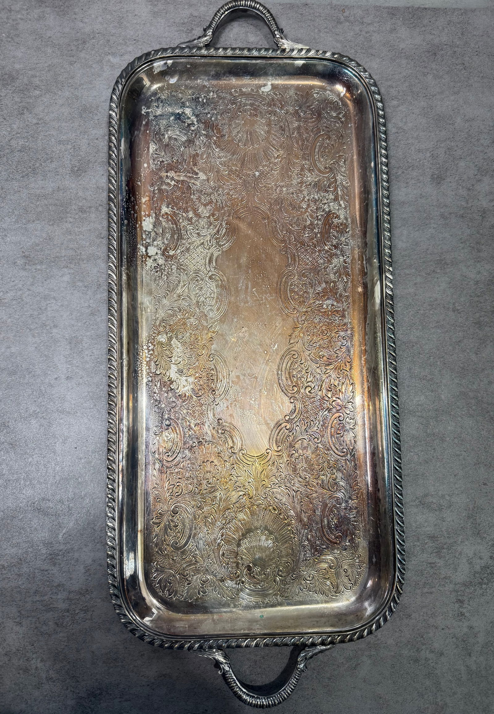 Large Victorian Style Silverplate Serving Tray with Engraved Floral Decoration and Handles (1 of 2)