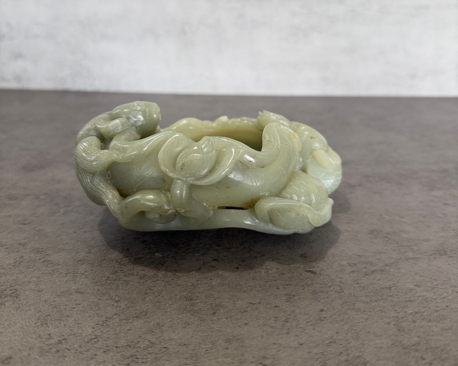 Chinese Carved Jade Brush Washer with Fish and Lotus Motif - 2