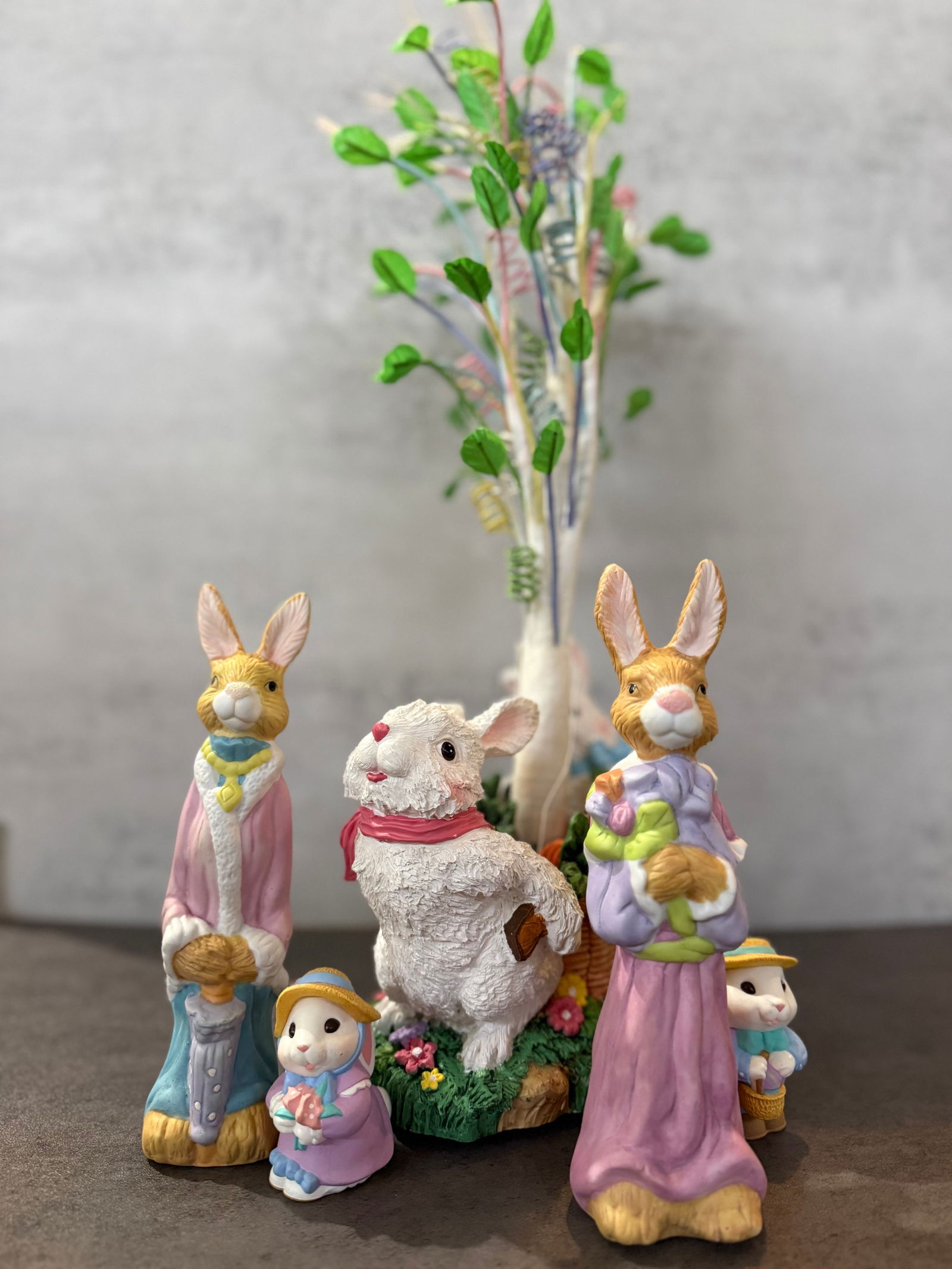 Vintage Easter Bunny Figurines Set with Tree Centerpiece, Hand Painted Resin Rabbit Family Decor - 4