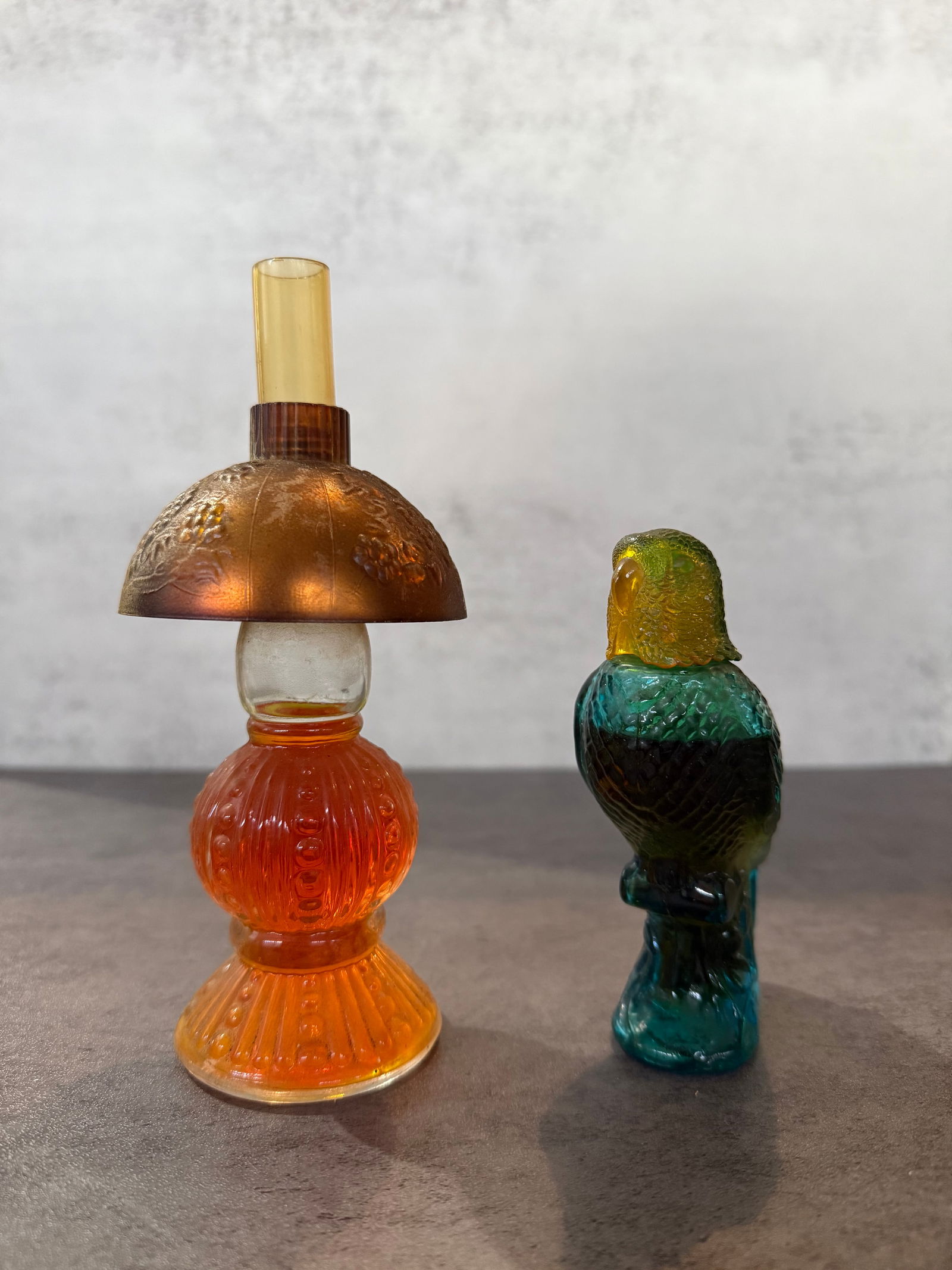 Vintage Figural Mini Perfume Bottles, Lamp & Parrot Forms, Colored Glass Decorative Set (1 of 4)