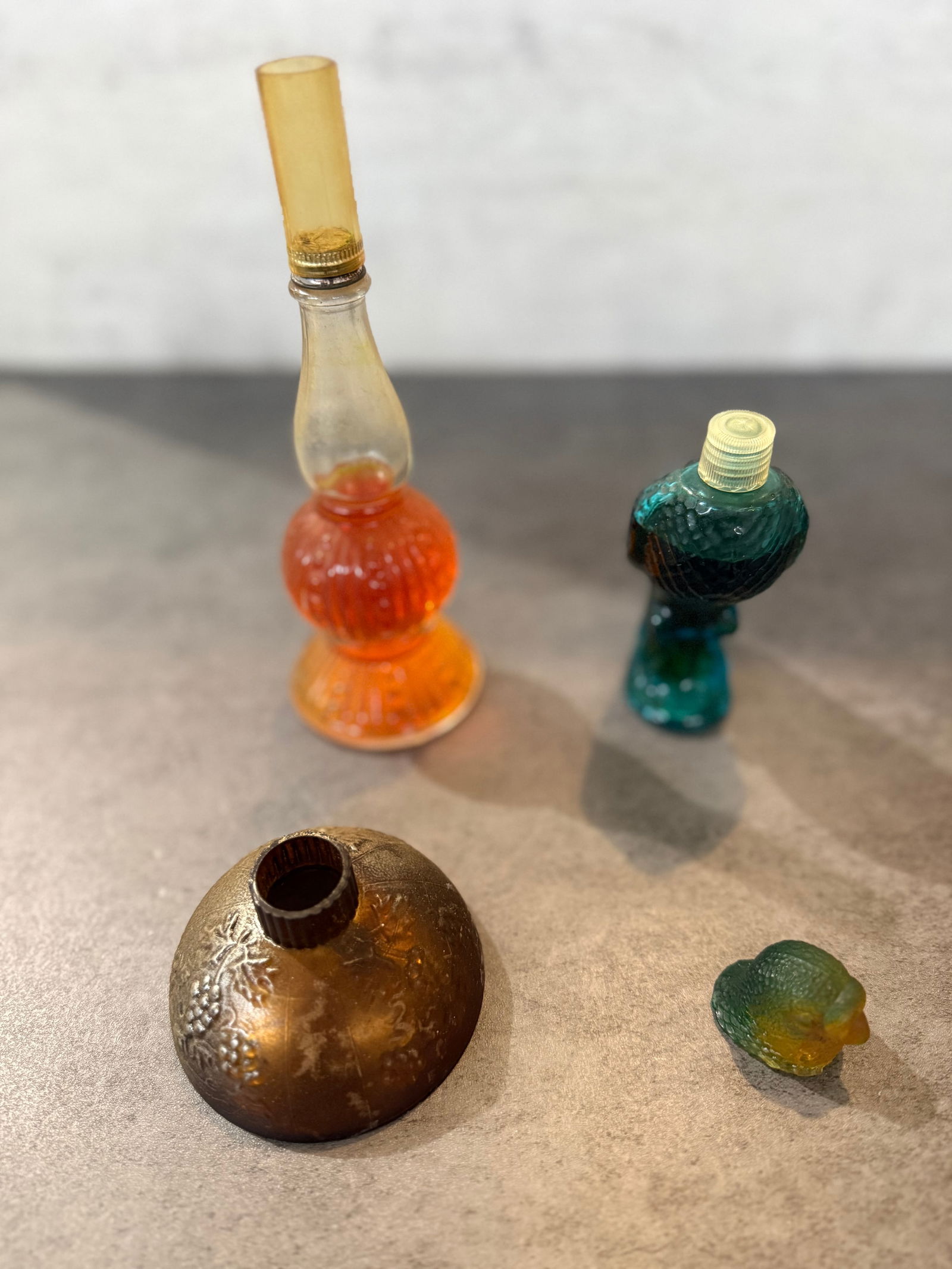 Vintage Figural Mini Perfume Bottles, Lamp & Parrot Forms, Colored Glass Decorative Set - 2