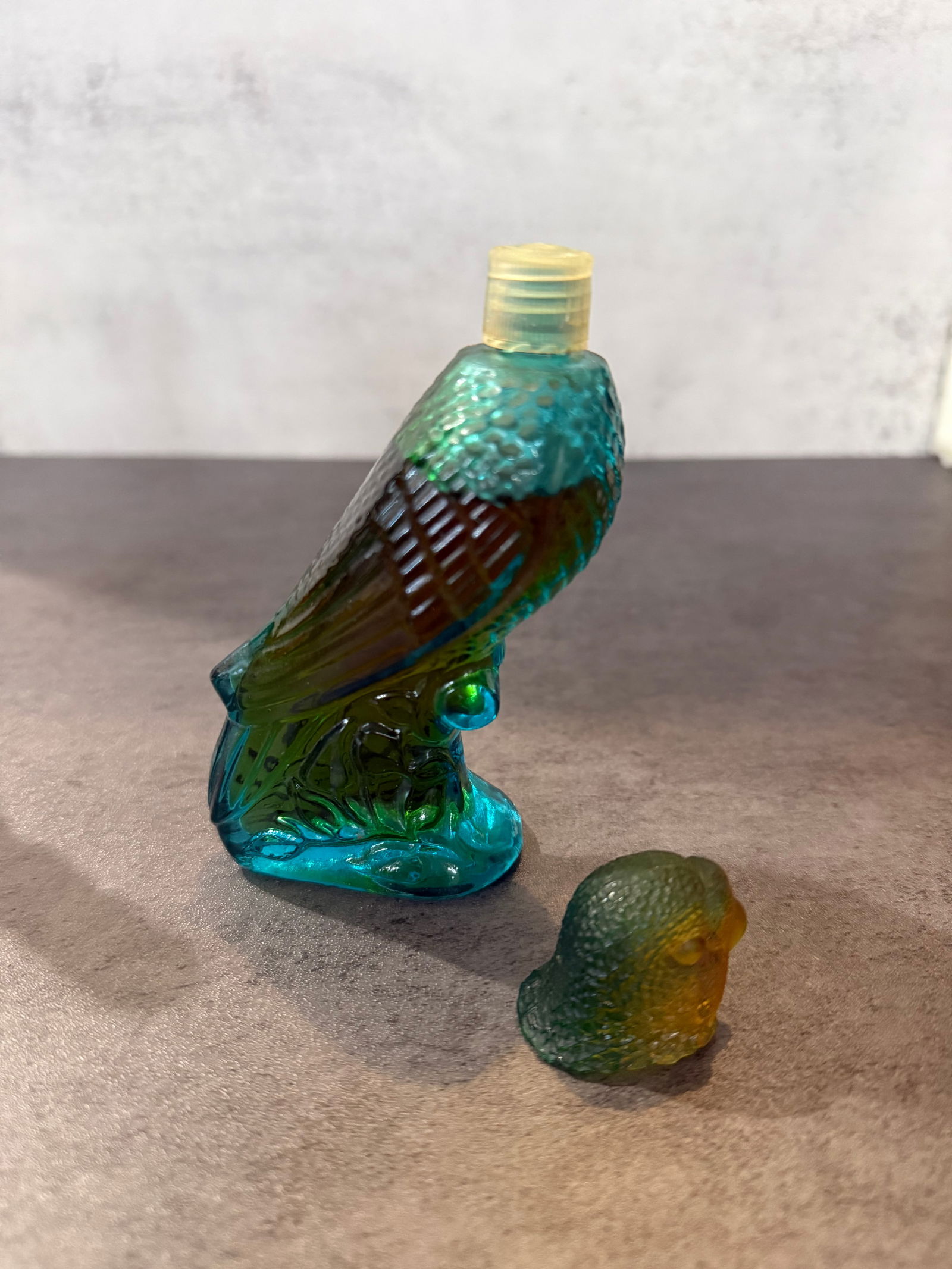 Vintage Figural Mini Perfume Bottles, Lamp & Parrot Forms, Colored Glass Decorative Set - 4