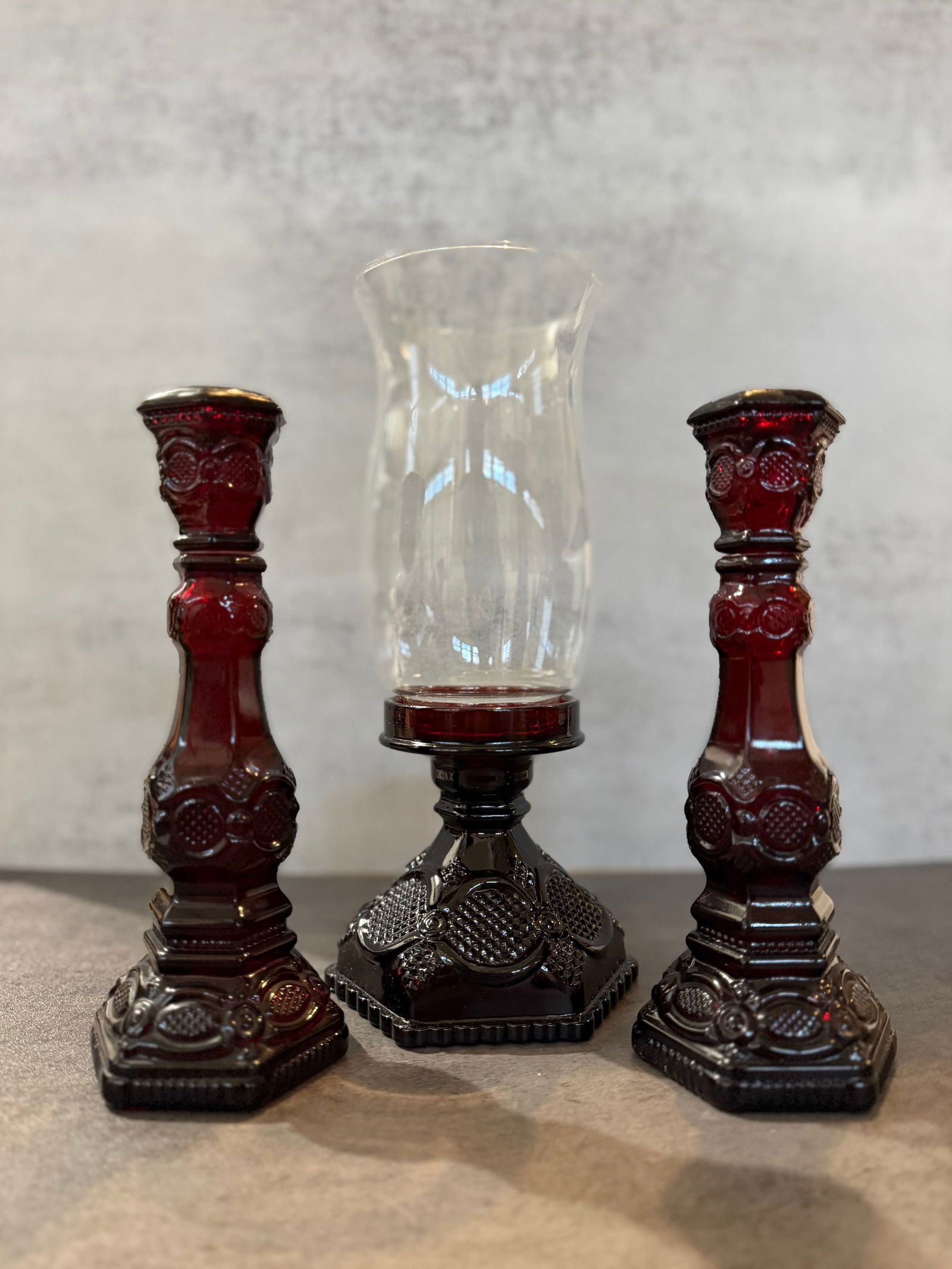 Avon Cape Cod Ruby Red Glass Candlesticks with Hurricane Vase, Perfume Bottles, Set of Three (1 of 2)