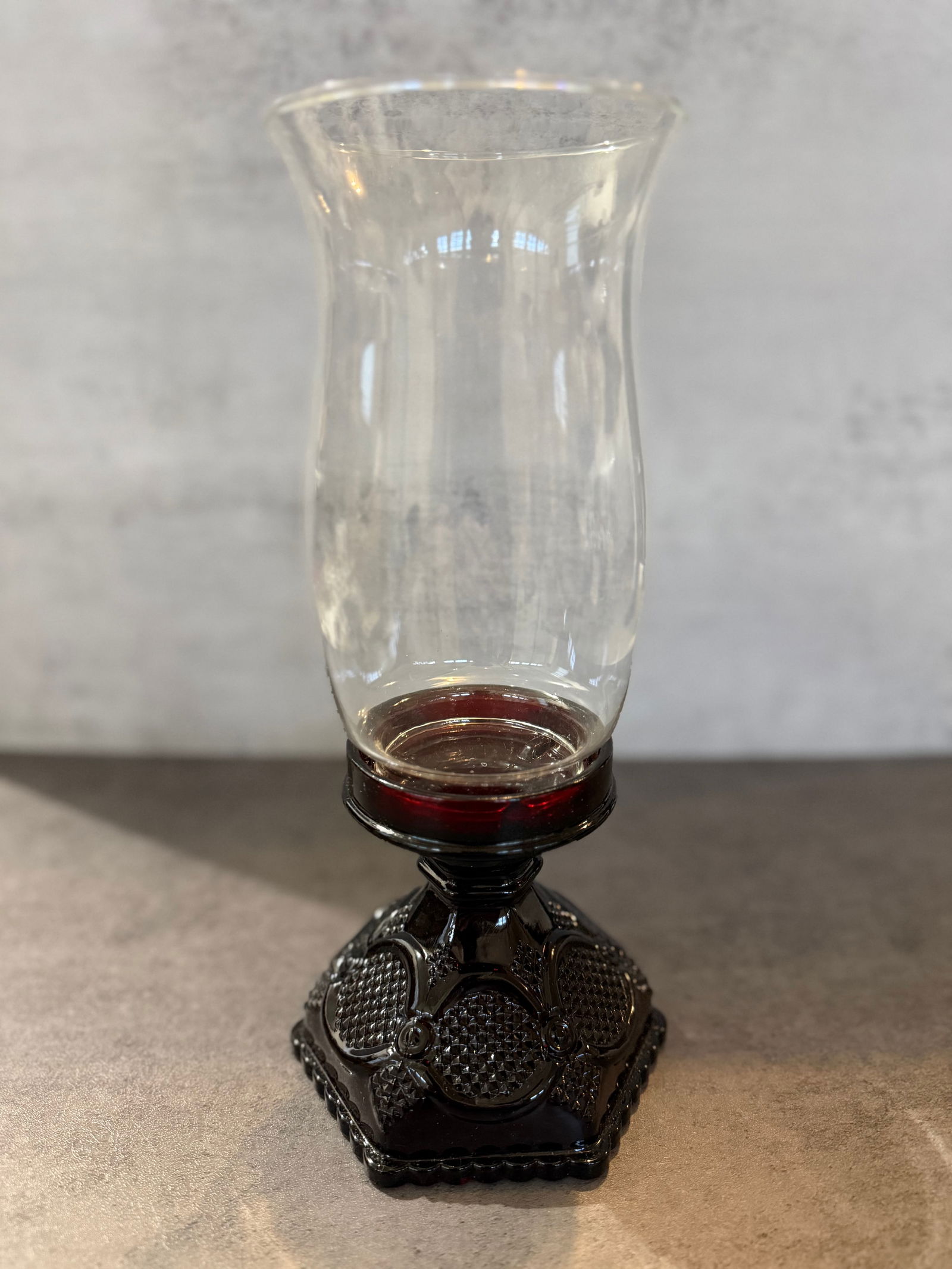 Avon Cape Cod Ruby Red Glass Candlesticks with Hurricane Vase, Perfume Bottles, Set of Three - 2