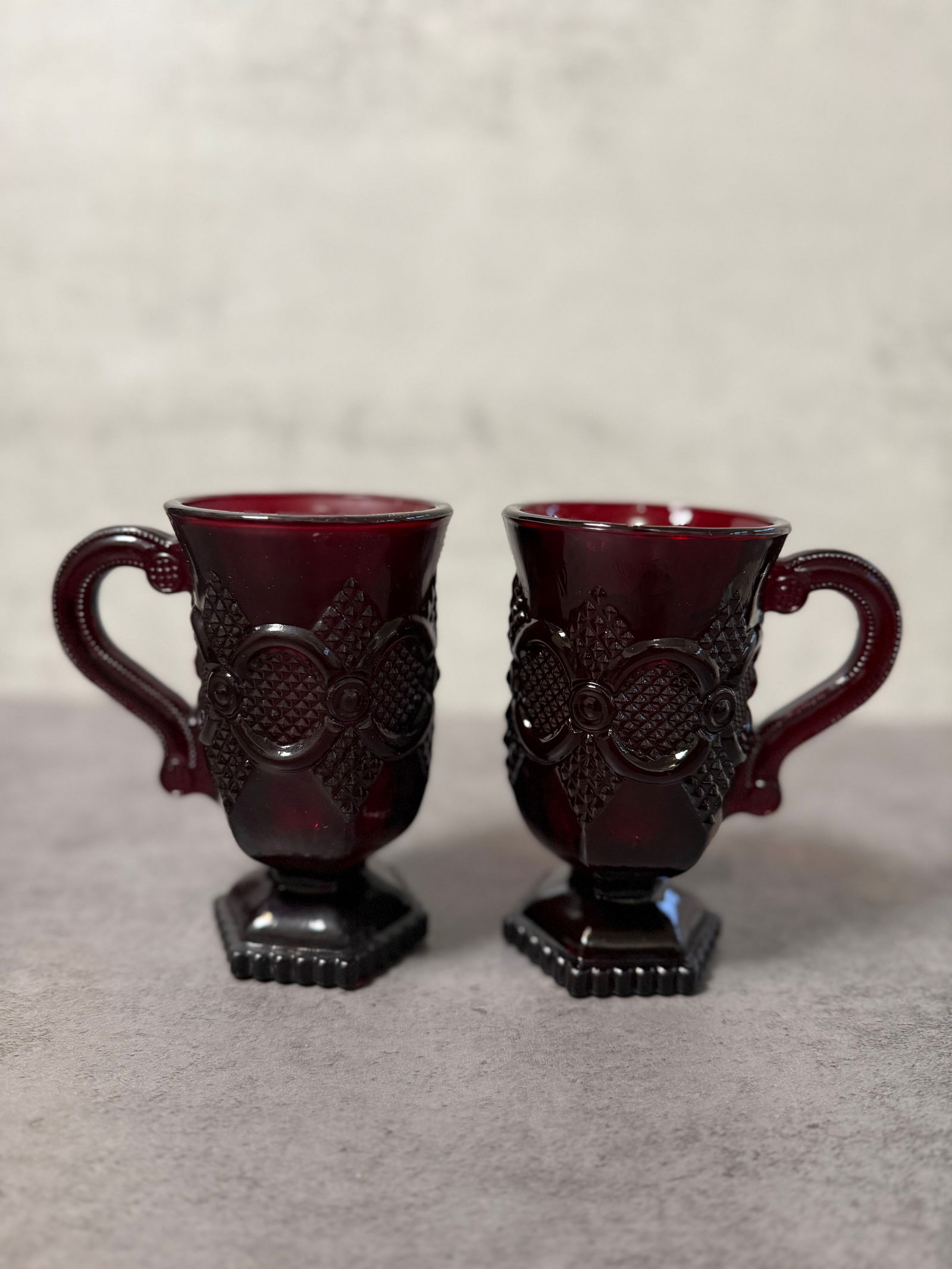 Avon Cape Cod Ruby Red Glass Cups and Saucers Set, Vintage Pressed Glass Tableware - 3