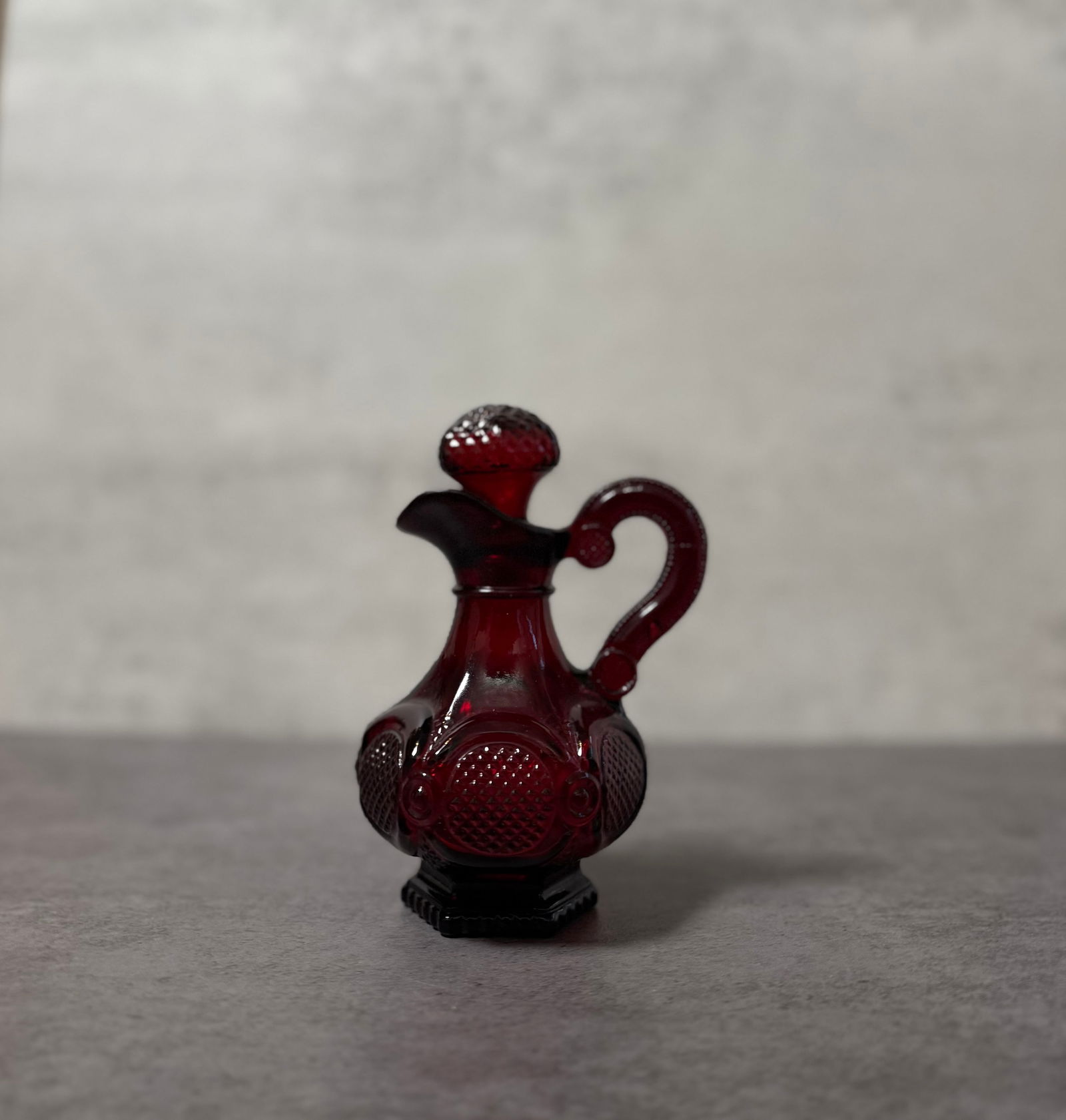 Avon Cape Cod Ruby Red Glass Collection, Bell, Decanter, Creamer & Bowl, Vintage Set - 5