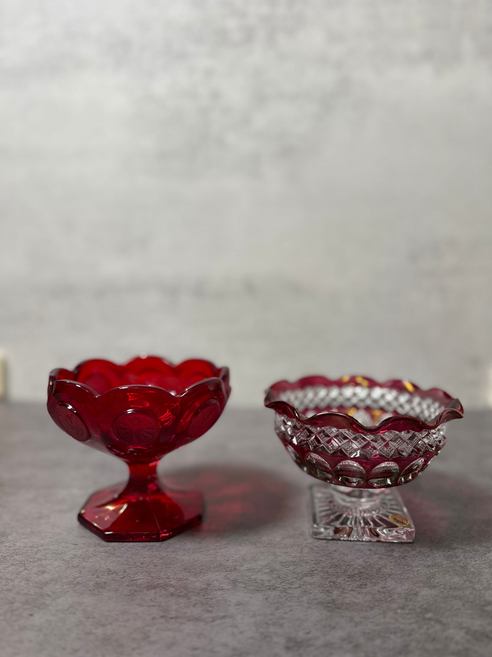 Vintage Ruby Red Glass Compotes, Cut and Pressed Glass Dessert Bowls, Pair (1 of 3)