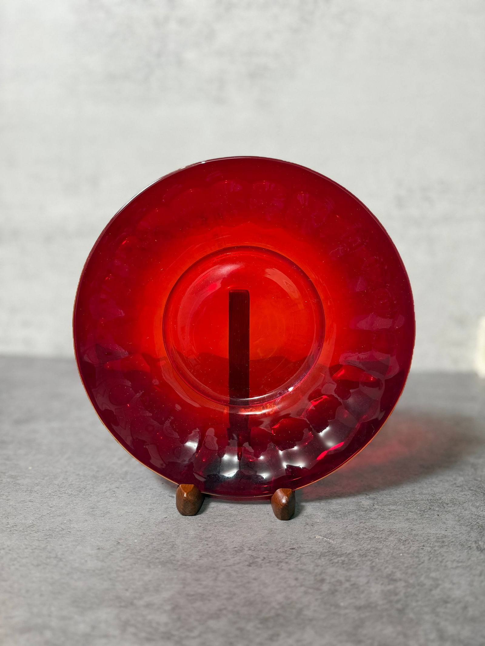 Vintage Ruby Red Art Glass Vase and Plate, Freeform Crimped Edge, Decorative Set - 2
