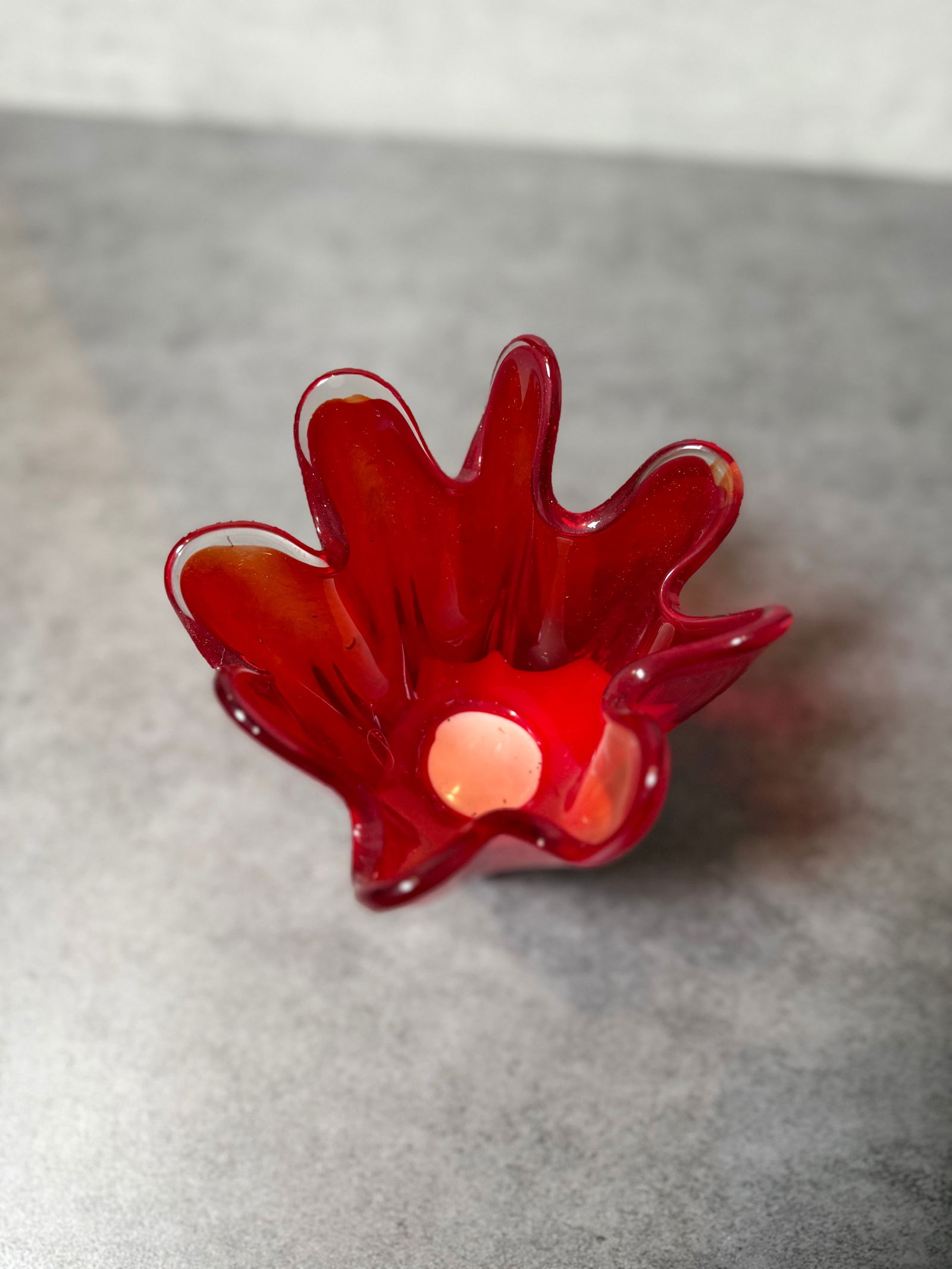 Vintage Ruby Red Art Glass Vase and Plate, Freeform Crimped Edge, Decorative Set - 3