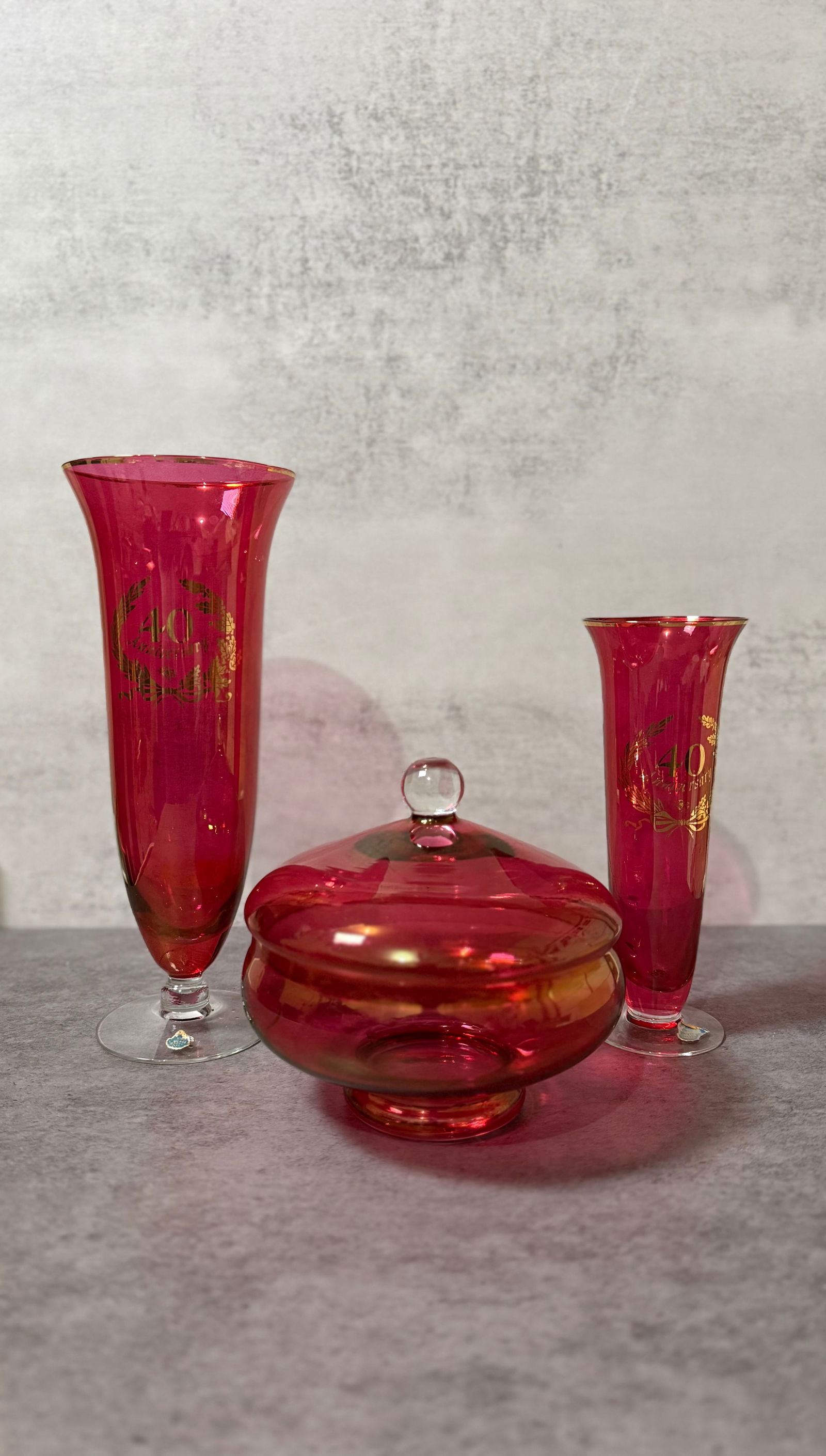 Vintage Ruby Red Glass 40th Anniversary Vases and Covered Dish, Gold Decoration Set (1 of 4)